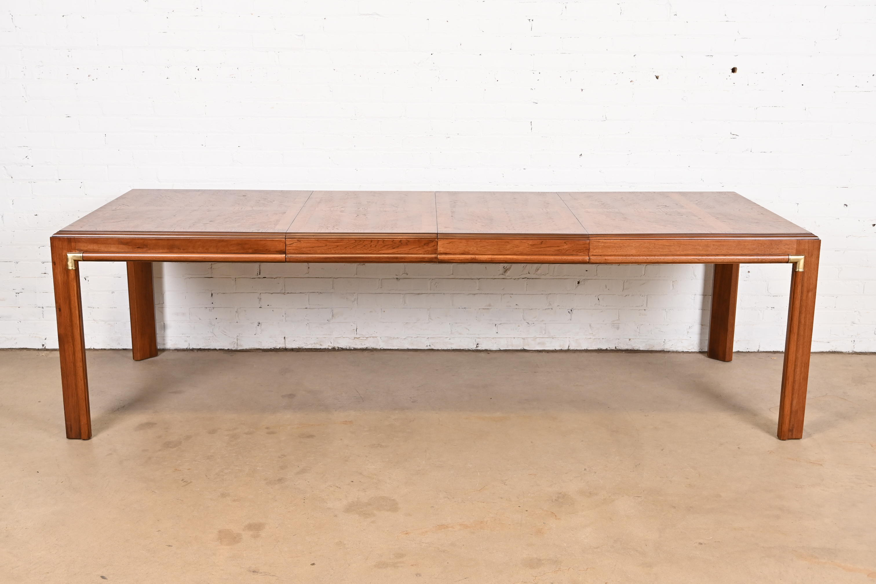 Drexel Heritage Mid-Century Hollywood Regency Walnut Extension Dining Table With Parquet Top, Newly Refinished - Image 4