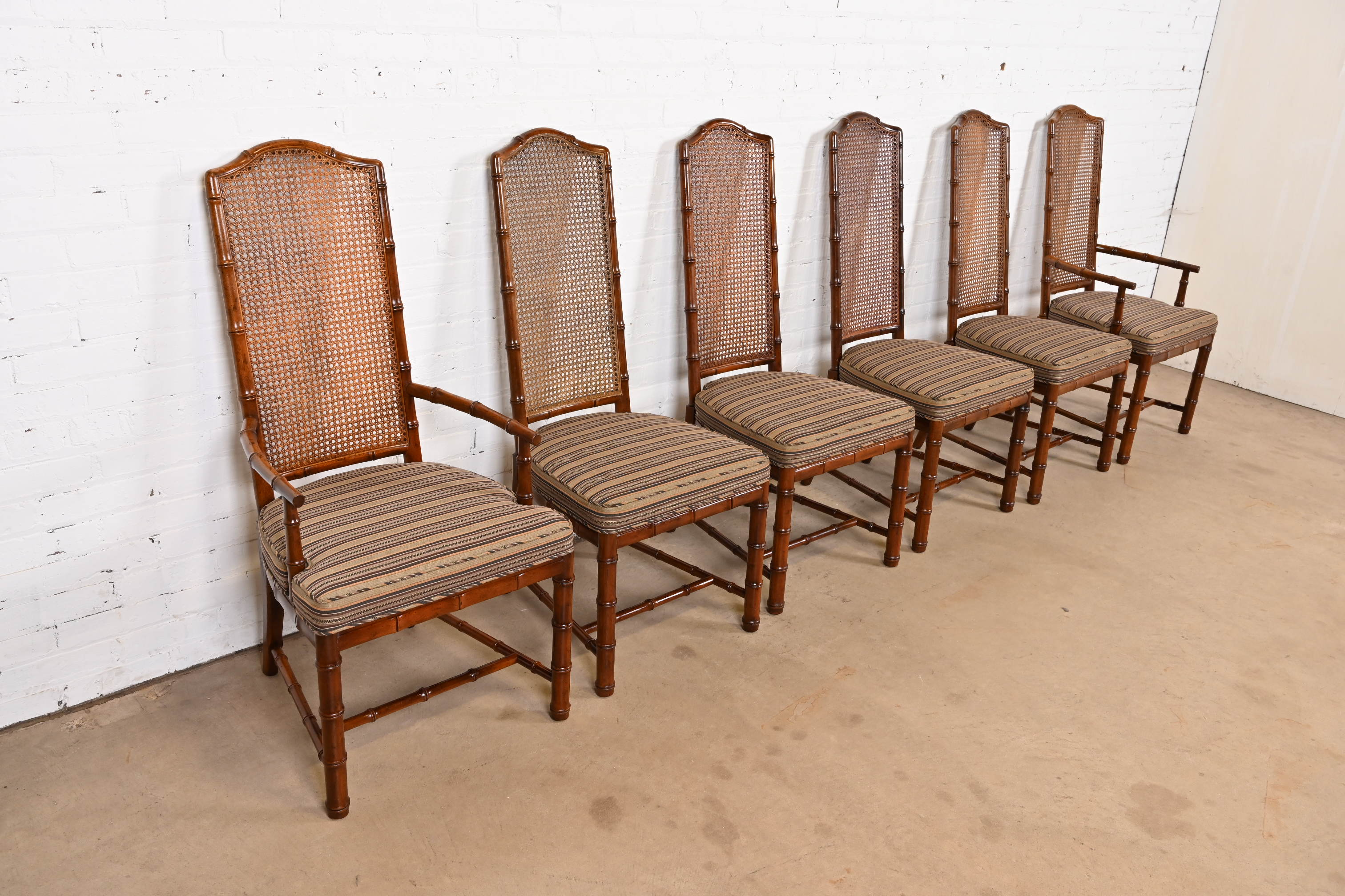 Henredon Mid-Century Hollywood Regency Walnut and Cane Bamboo Form High Back Dining Chairs, Set of Six - Image 4