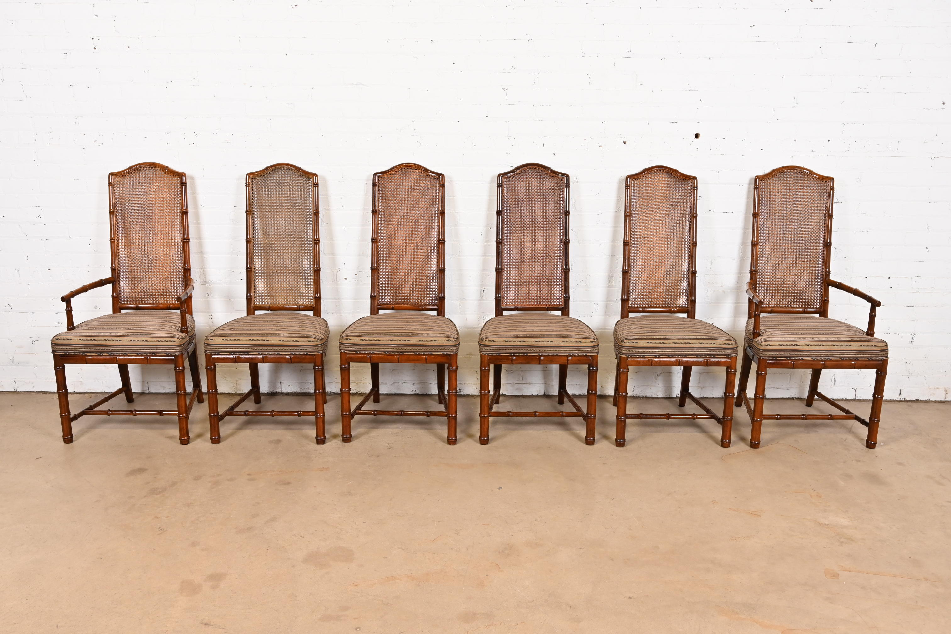 Henredon Mid-Century Hollywood Regency Walnut and Cane Bamboo Form High Back Dining Chairs, Set of Six - Image 2