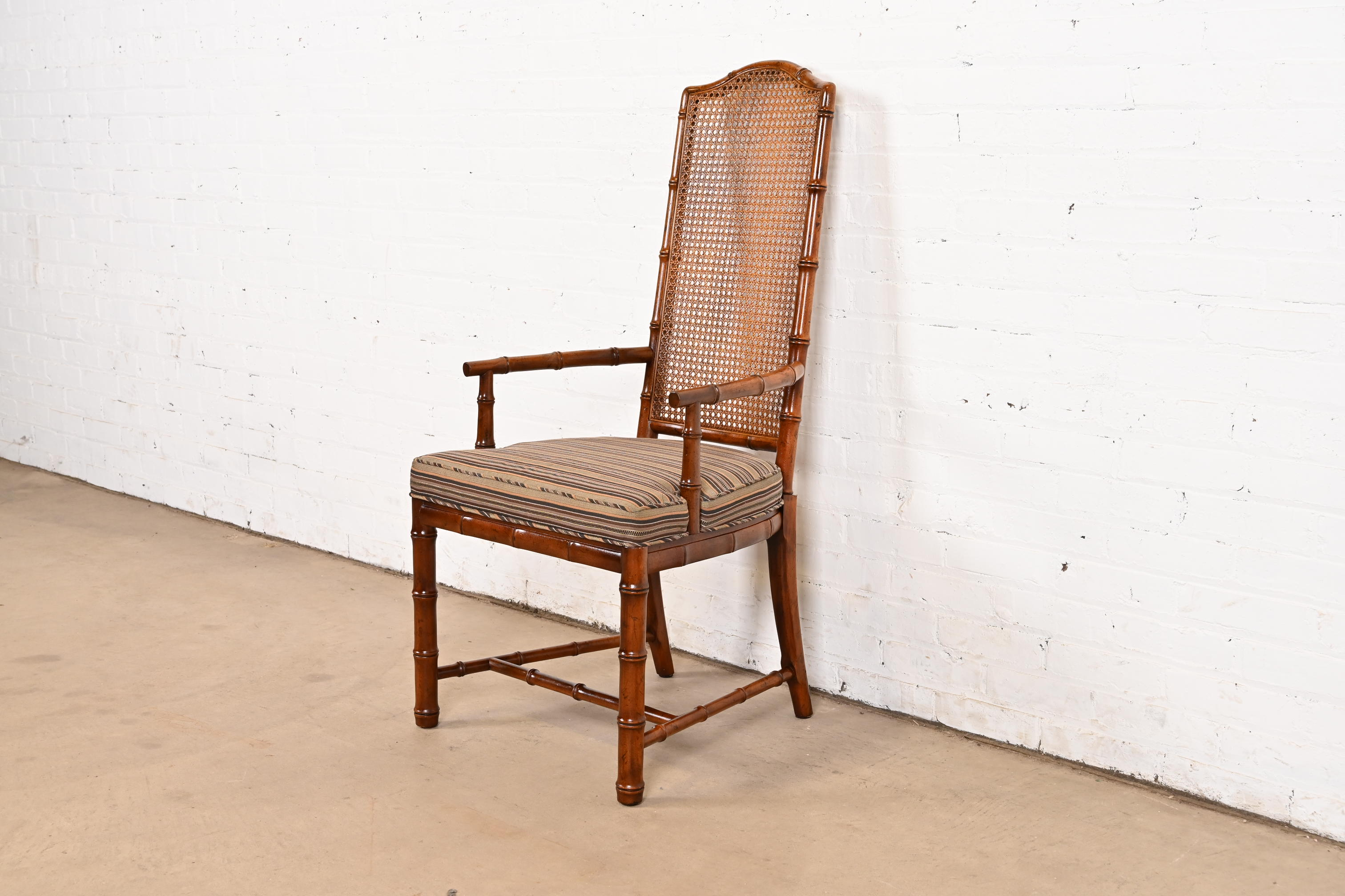 Henredon Mid-Century Hollywood Regency Walnut and Cane Bamboo Form High Back Dining Chairs, Set of Six - Image 9