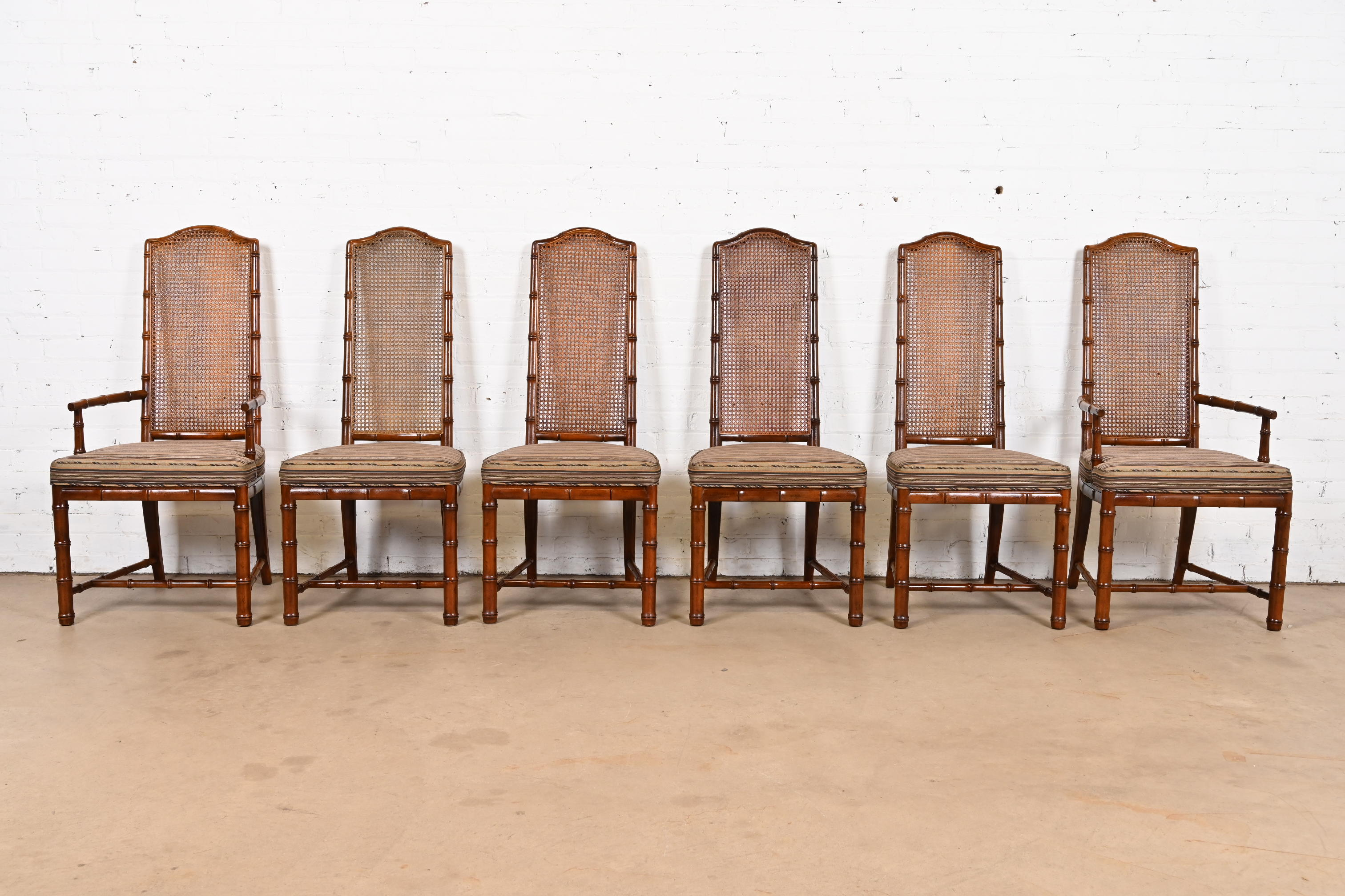 Henredon Mid-Century Hollywood Regency Walnut and Cane Bamboo Form High Back Dining Chairs, Set of Six