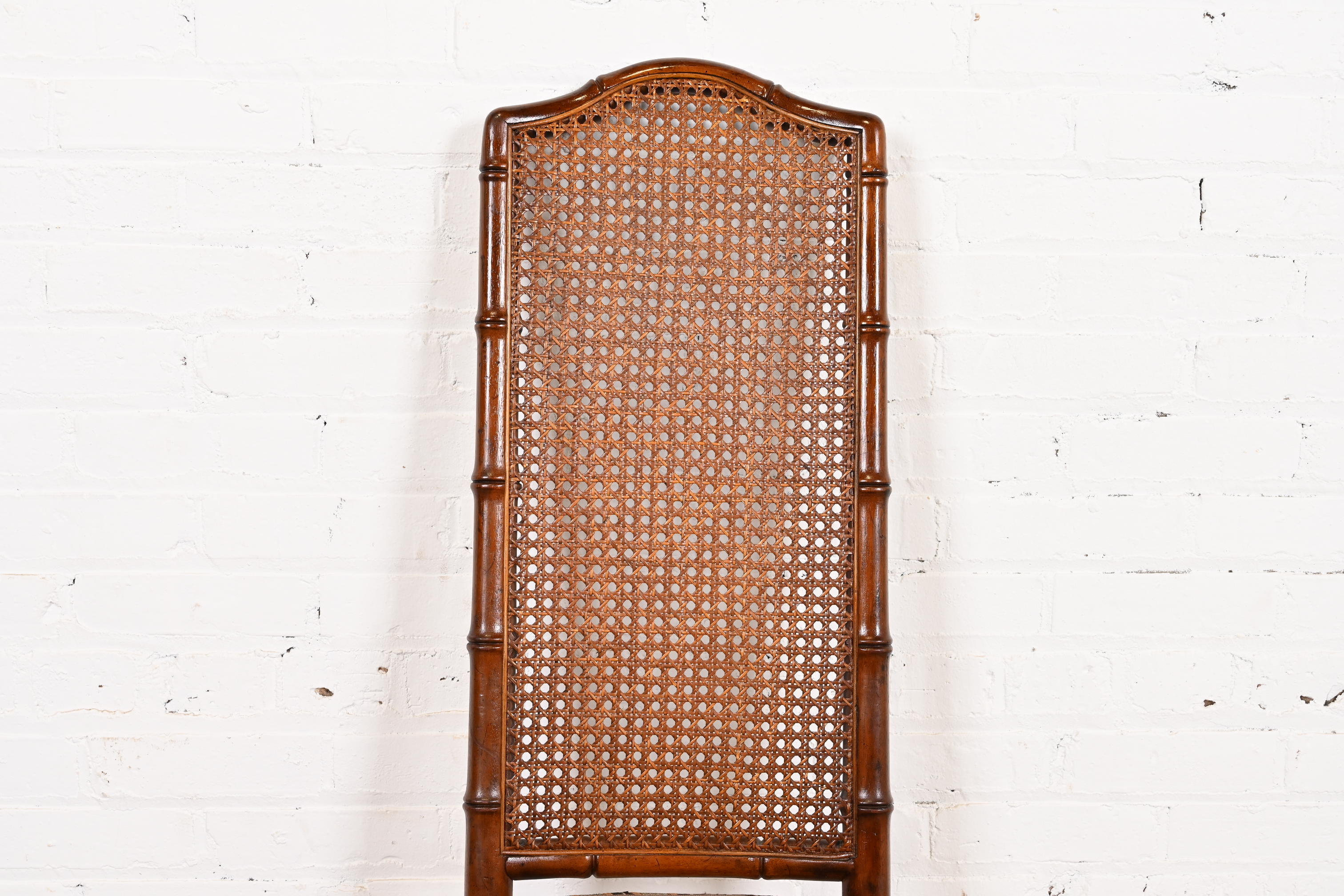 Henredon Mid-Century Hollywood Regency Walnut and Cane Bamboo Form High Back Dining Chairs, Set of Six - Image 6