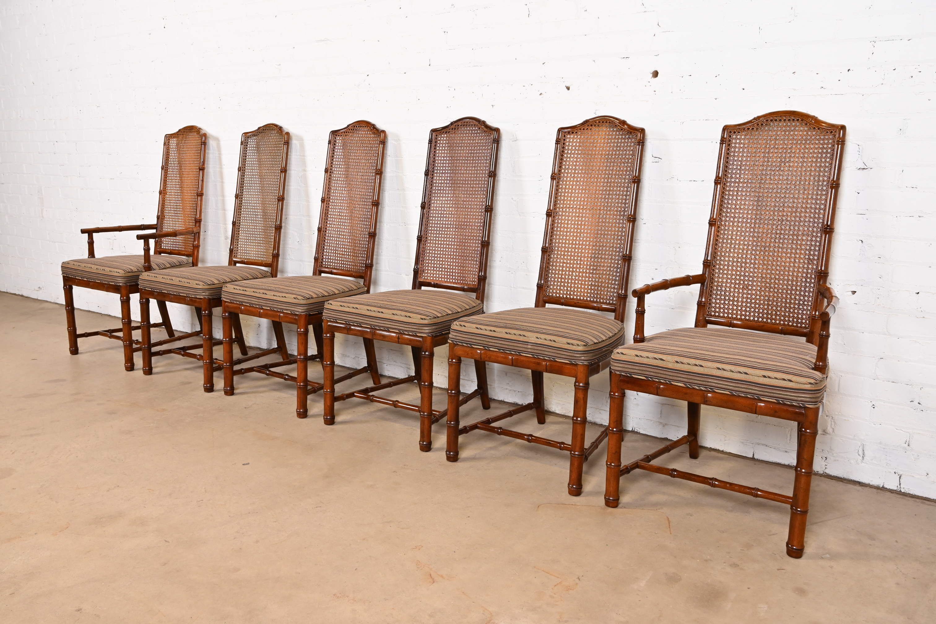 Henredon Mid-Century Hollywood Regency Walnut and Cane Bamboo Form High Back Dining Chairs, Set of Six - Image 3