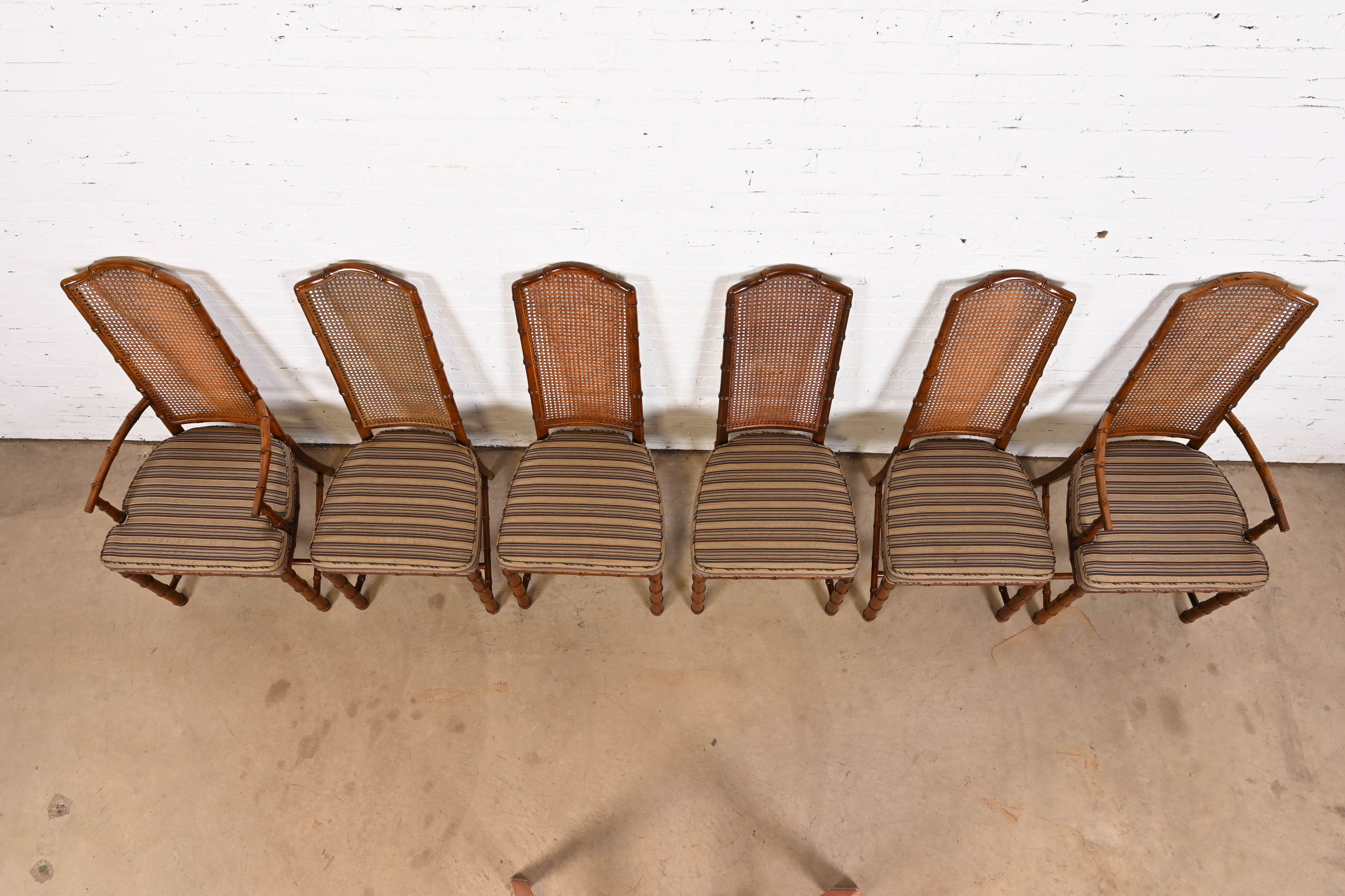 Henredon Mid-Century Hollywood Regency Walnut and Cane Bamboo Form High Back Dining Chairs, Set of Six - Image 5
