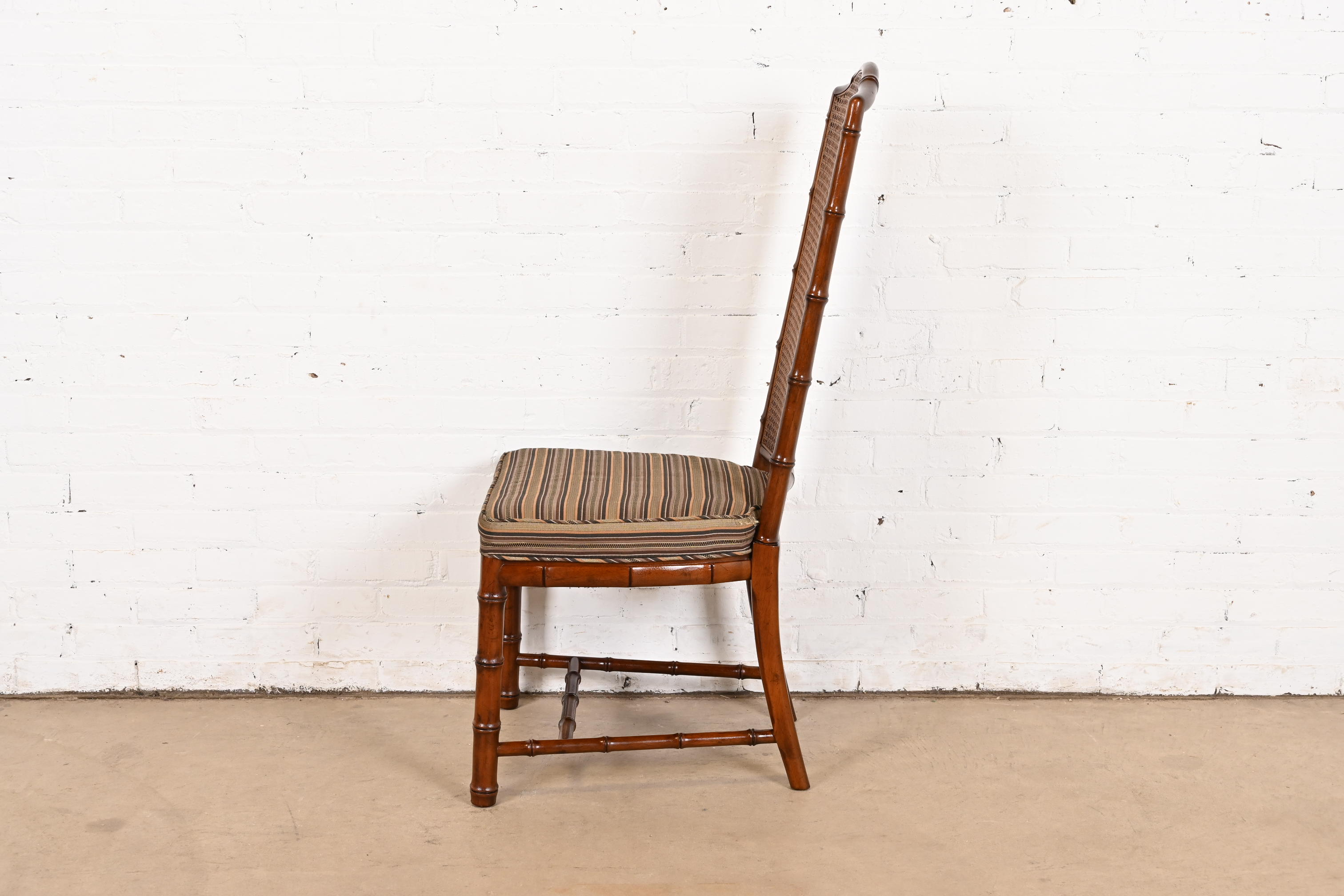Henredon Mid-Century Hollywood Regency Walnut and Cane Bamboo Form High Back Dining Chairs, Set of Six - Image 10