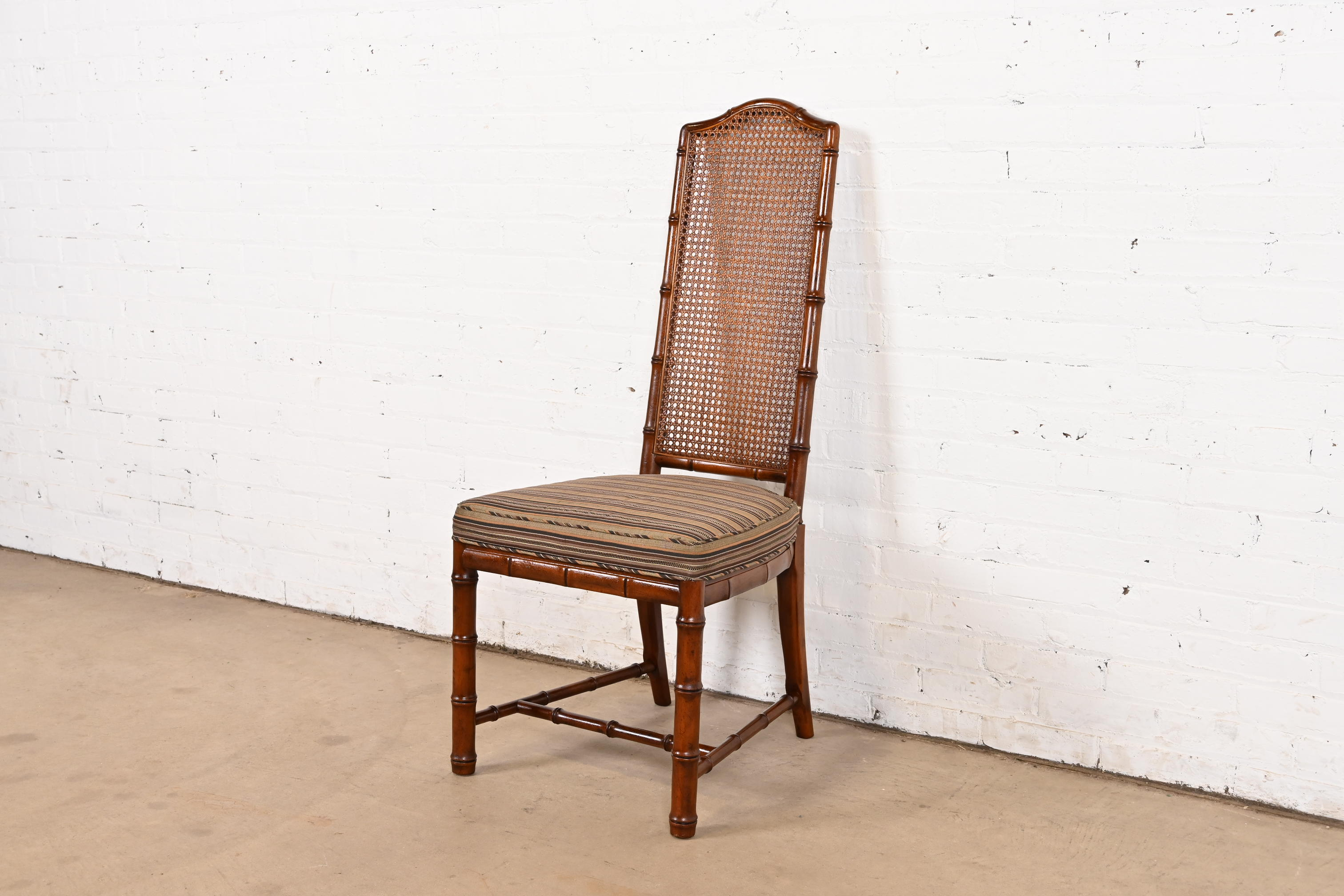 Henredon Mid-Century Hollywood Regency Walnut and Cane Bamboo Form High Back Dining Chairs, Set of Six - Image 8
