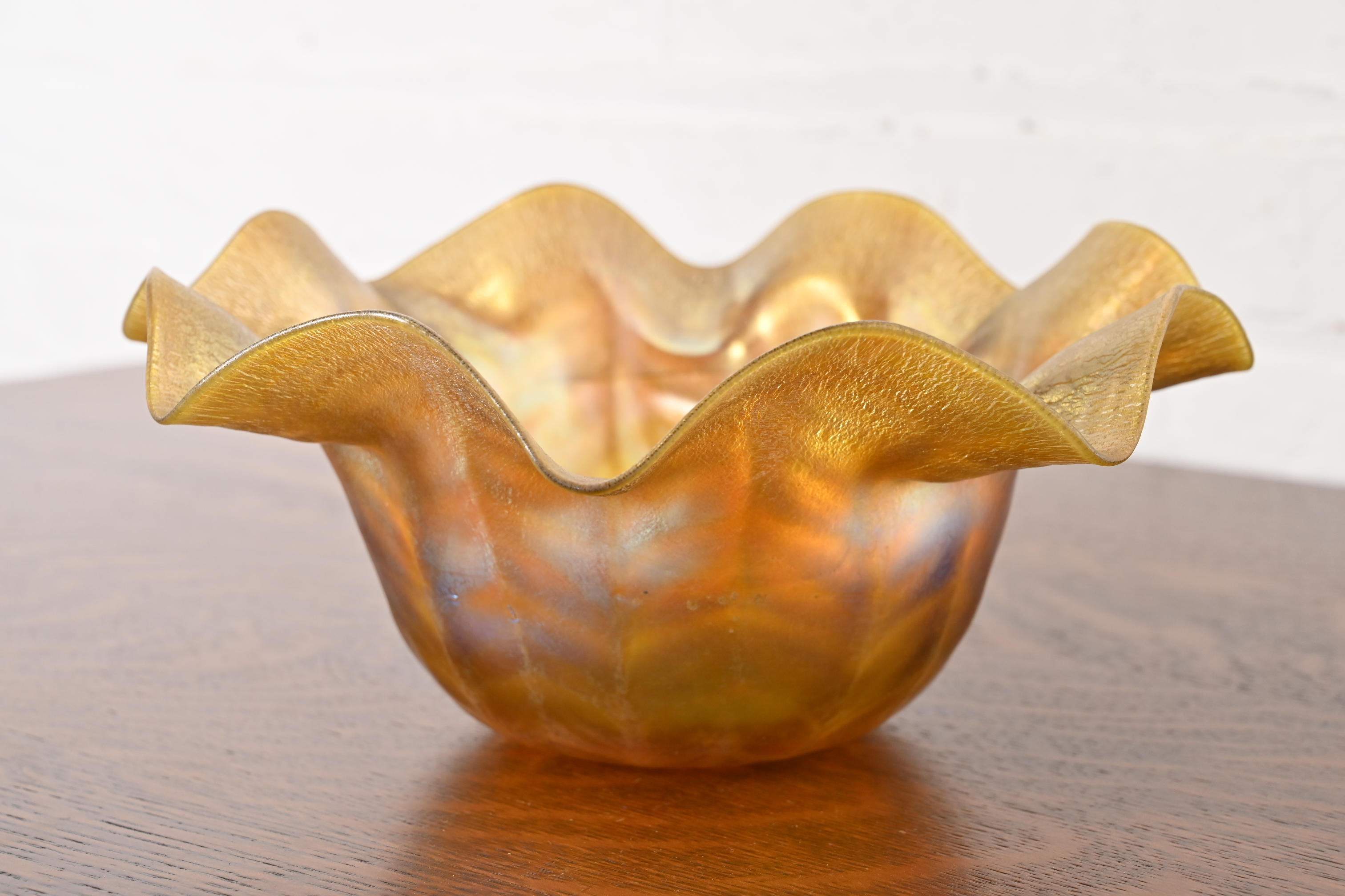 Louis Comfort Tiffany Favrile Iridescent Art Glass Floriform Bowl With Flared and Ruffled Edge
