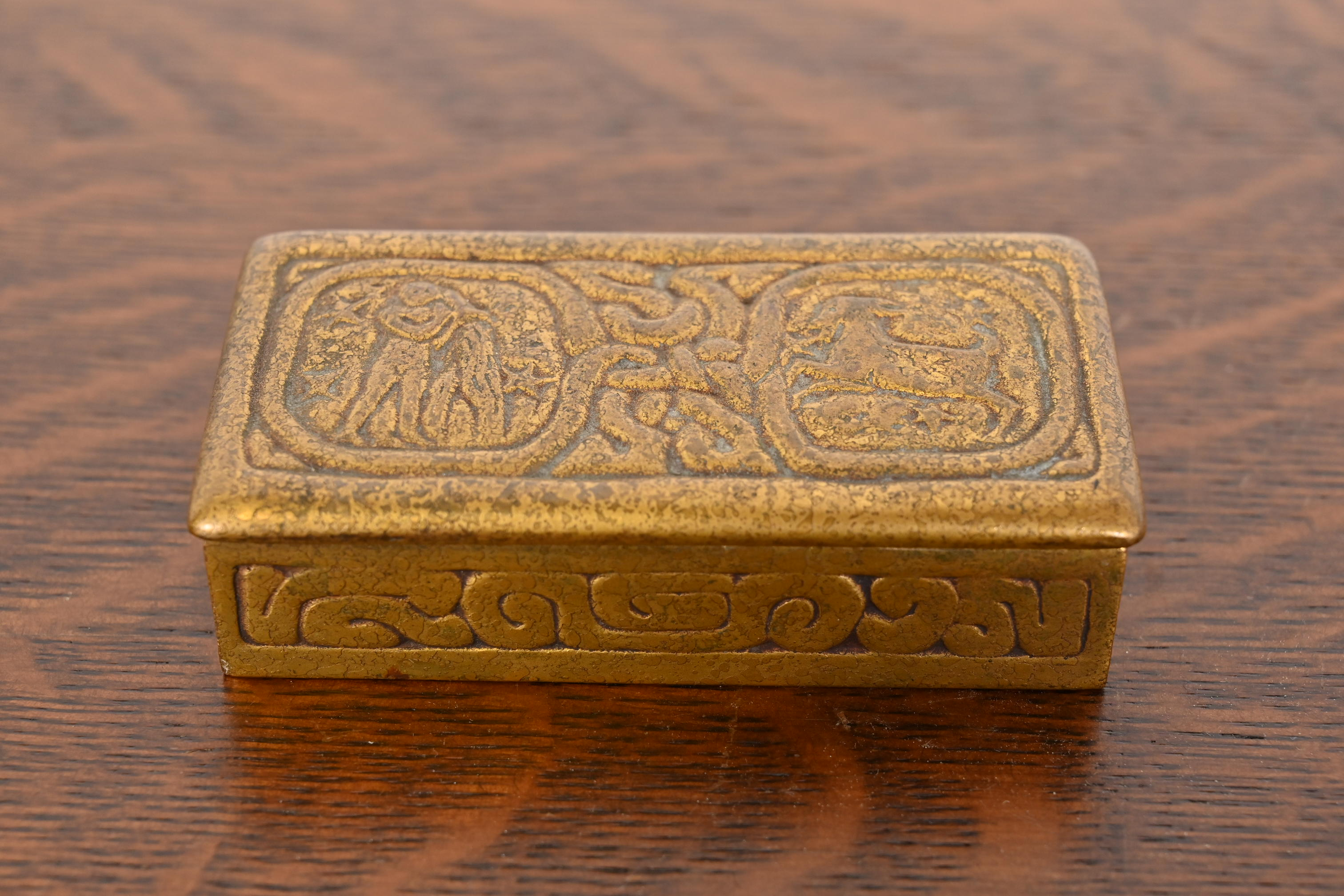 Tiffany Studios New York Zodiac Bronze Doré Stamp Box