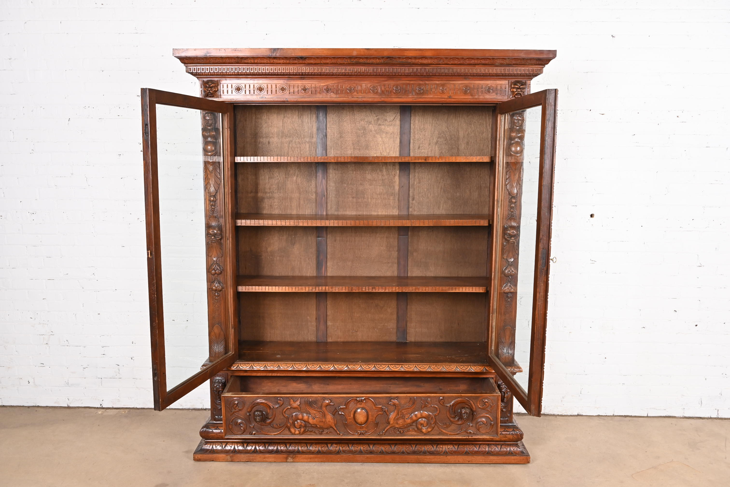 Antique French Renaissance Ornate Carved Walnut Bookcase Cabinet, Circa 1900 - Image 5