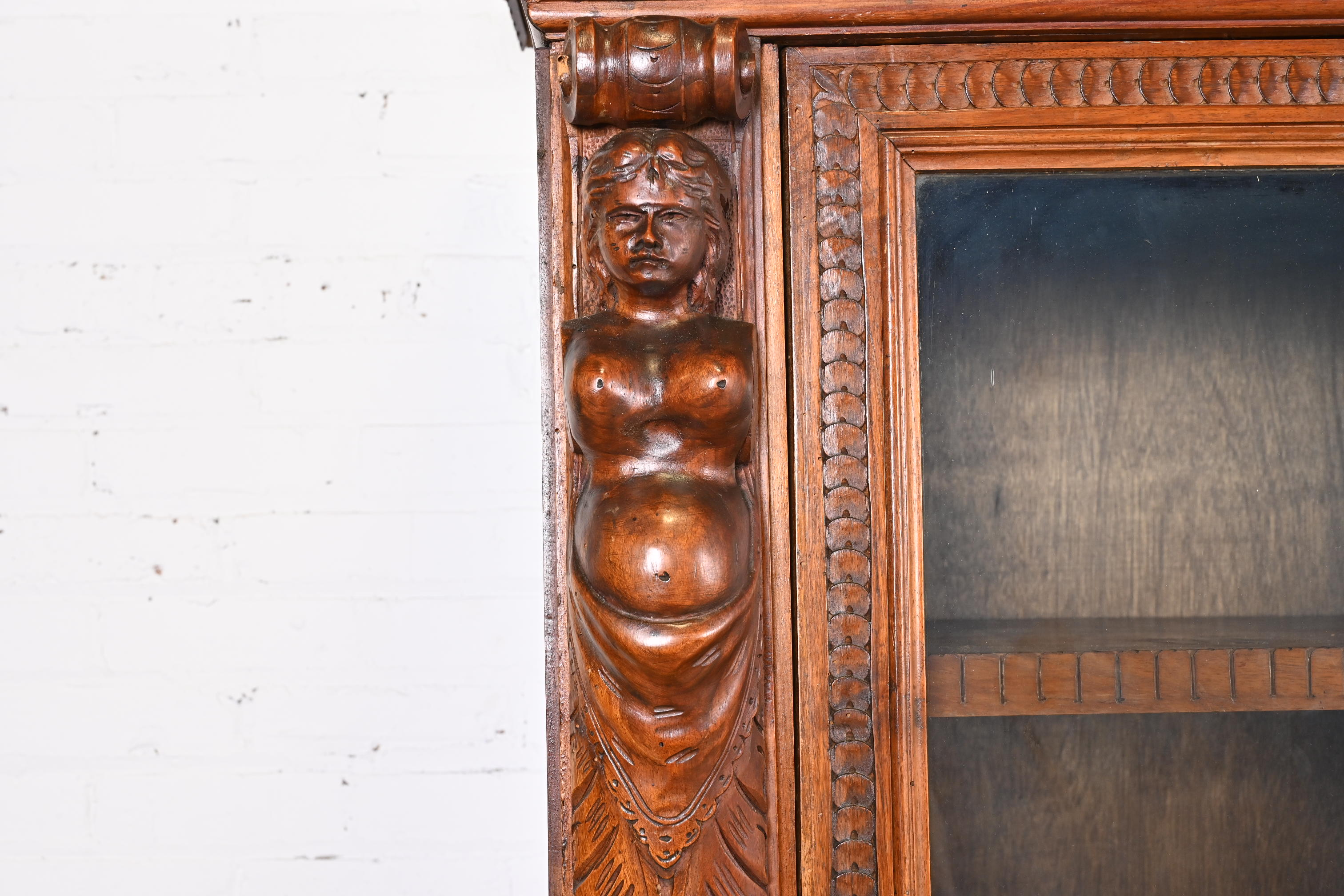 Antique French Renaissance Ornate Carved Walnut Bookcase Cabinet, Circa 1900 - Image 7