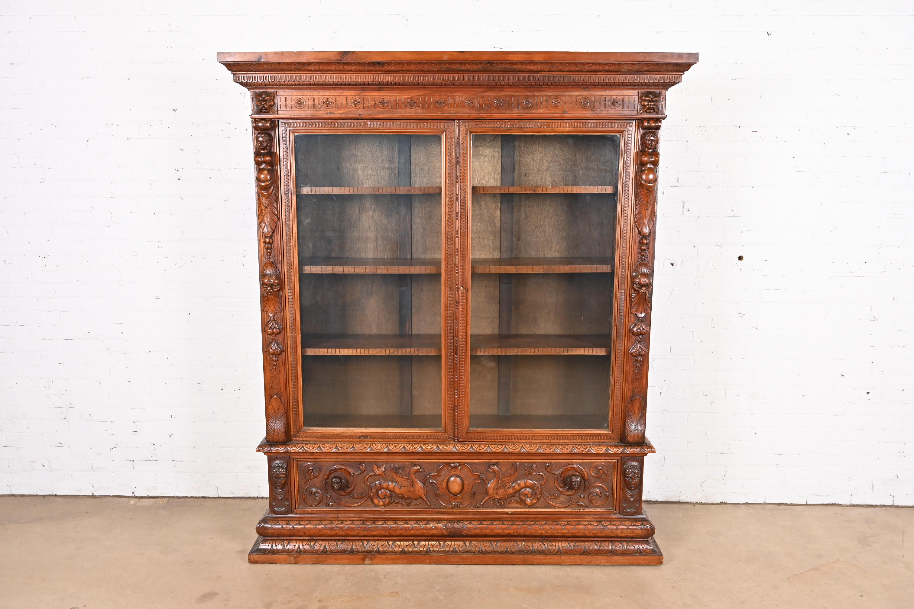 Antique French Renaissance Ornate Carved Walnut Bookcase Cabinet, Circa 1900 - Image 2