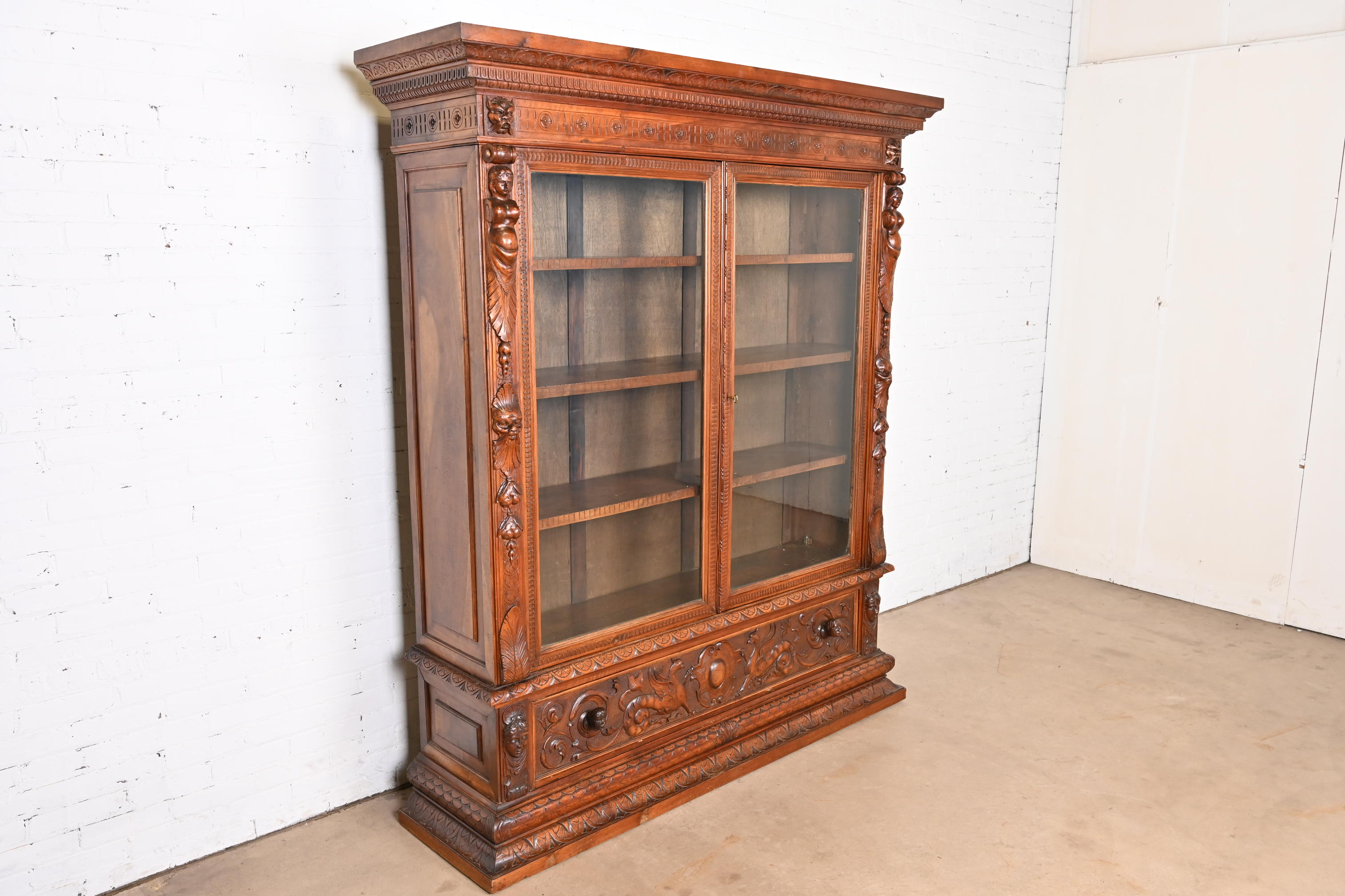 Antique French Renaissance Ornate Carved Walnut Bookcase Cabinet, Circa 1900 - Image 4