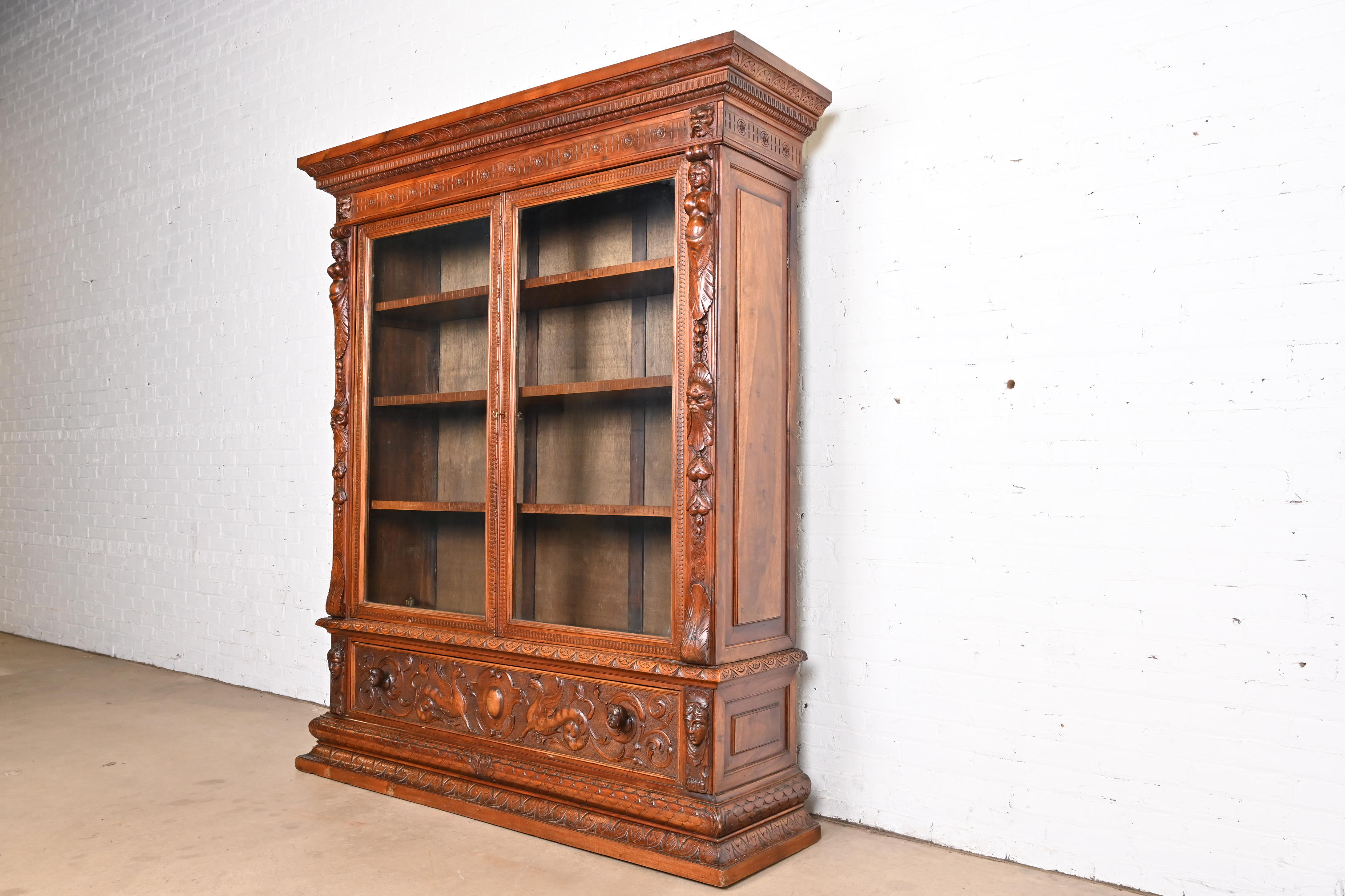 Antique French Renaissance Ornate Carved Walnut Bookcase Cabinet, Circa 1900 - Image 3