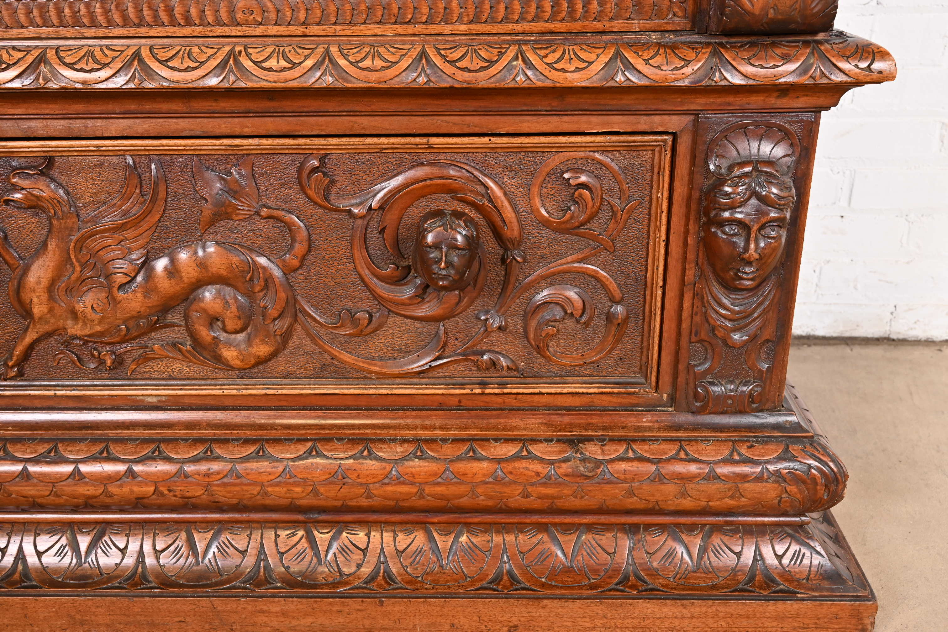 Antique French Renaissance Ornate Carved Walnut Bookcase Cabinet, Circa 1900 - Image 8