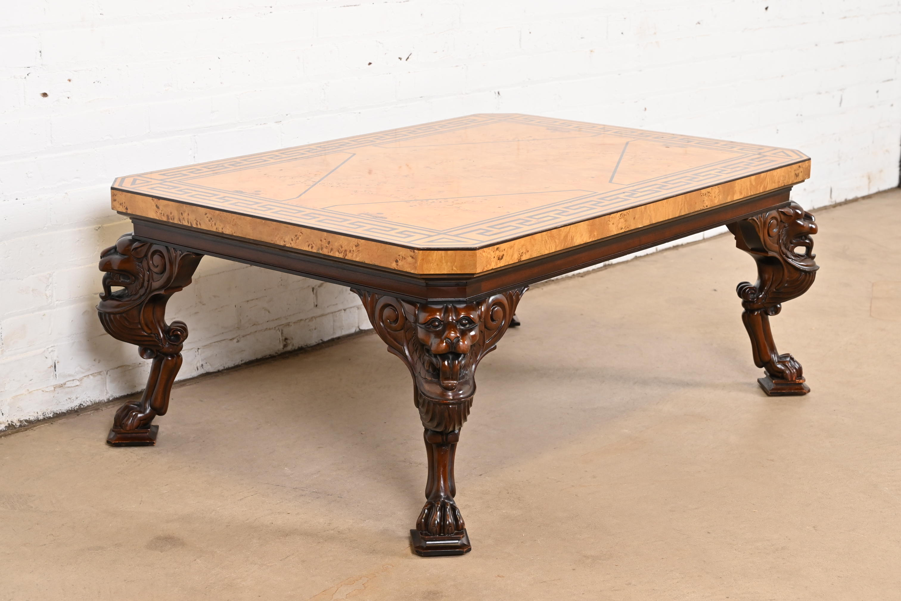 Baker Furniture Neoclassical Cocktail Table With Burl Wood Greek Key Top and Carved Mahogany Lion Legs - Image 4