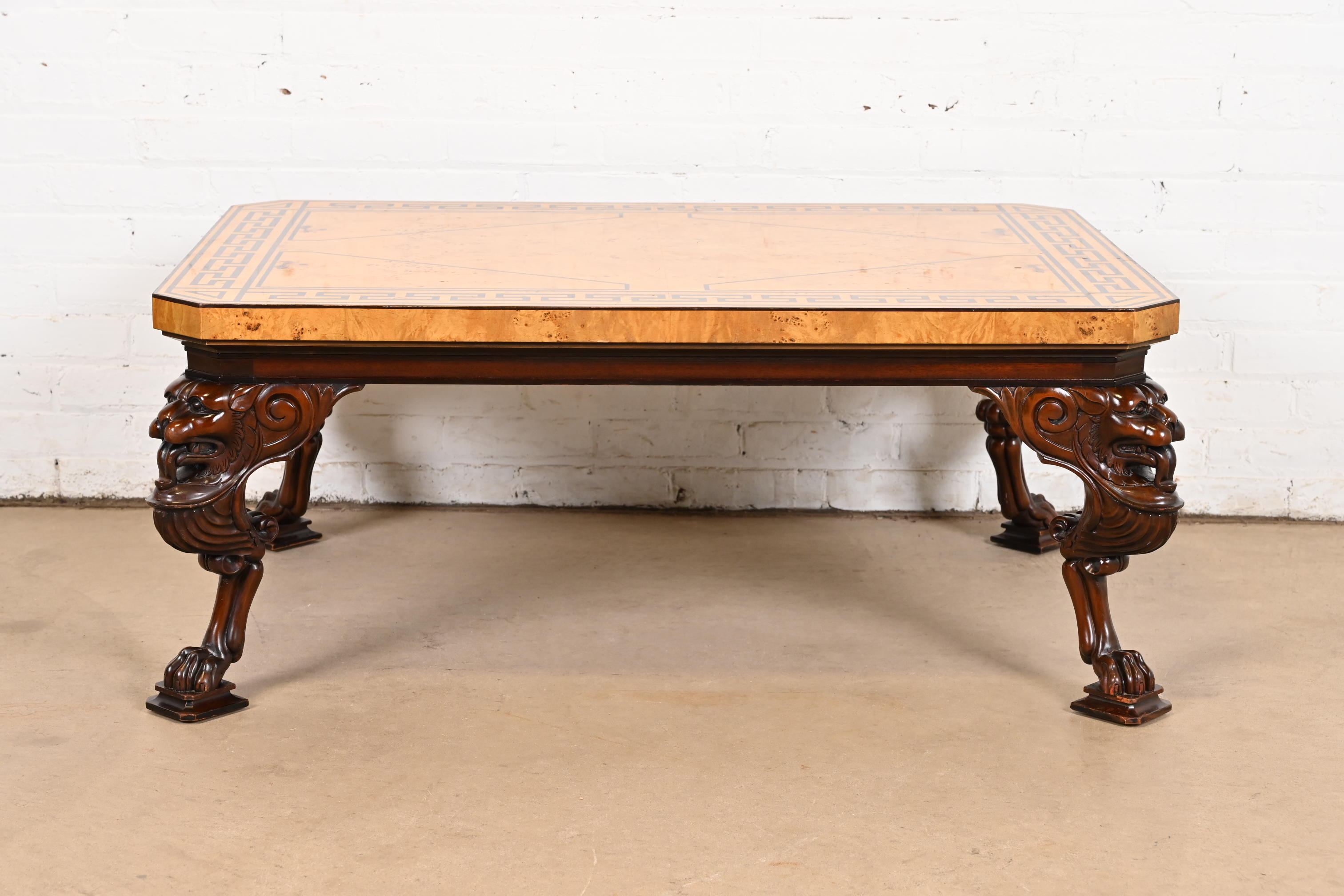 Baker Furniture Neoclassical Cocktail Table With Burl Wood Greek Key Top and Carved Mahogany Lion Legs - Image 2