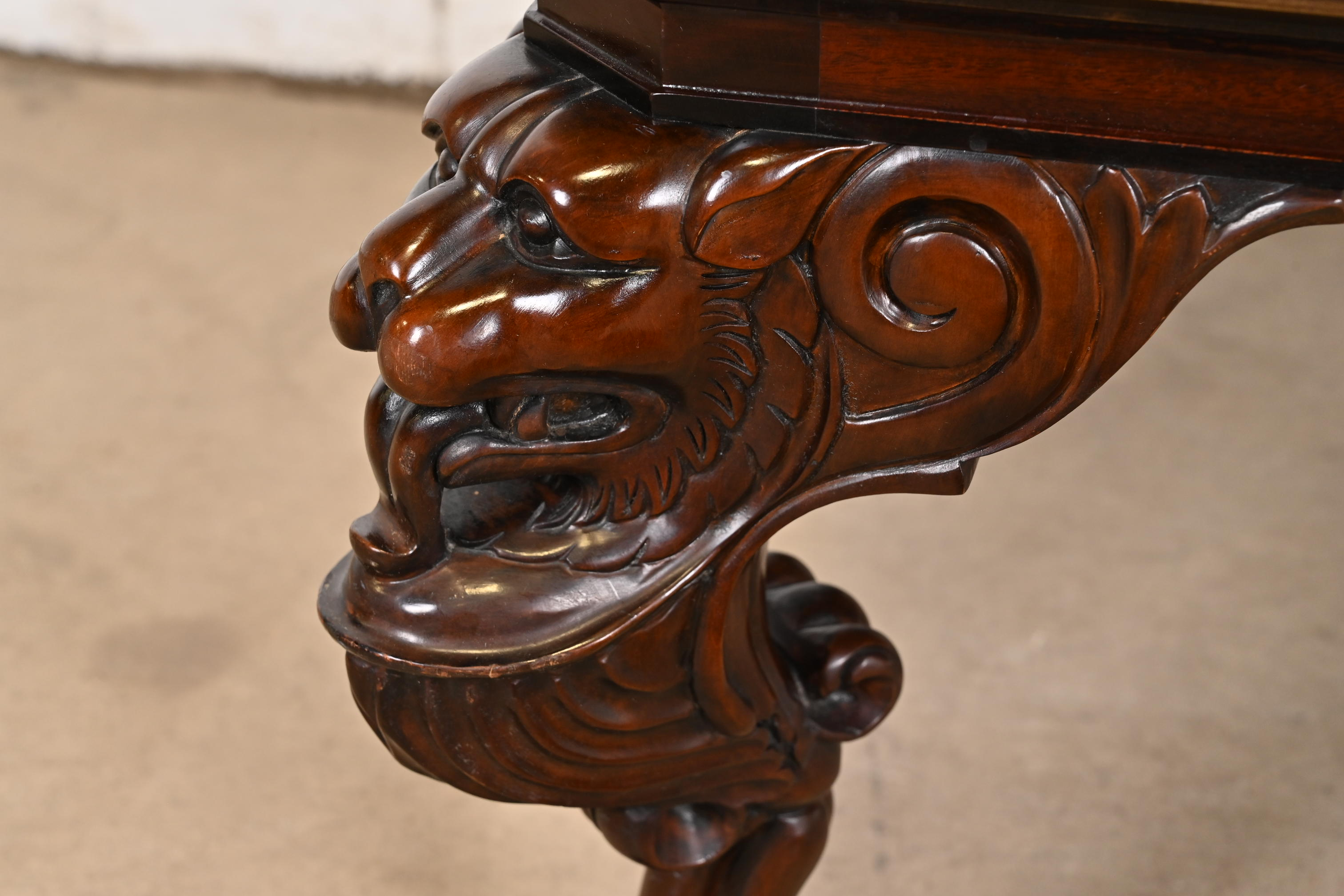 Baker Furniture Neoclassical Cocktail Table With Burl Wood Greek Key Top and Carved Mahogany Lion Legs - Image 6