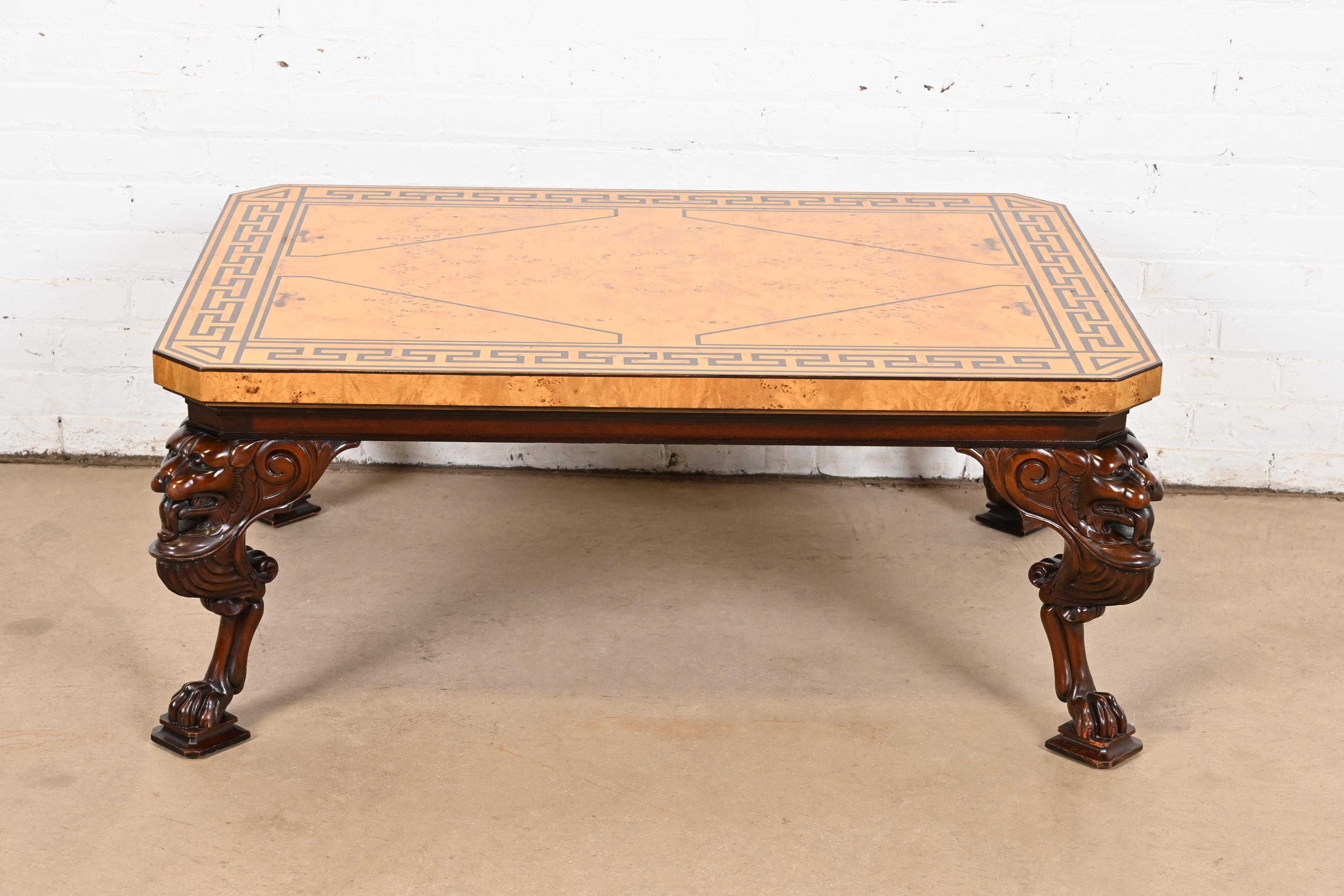Baker Furniture Neoclassical Cocktail Table With Burl Wood Greek Key Top and Carved Mahogany Lion Legs - Image 3