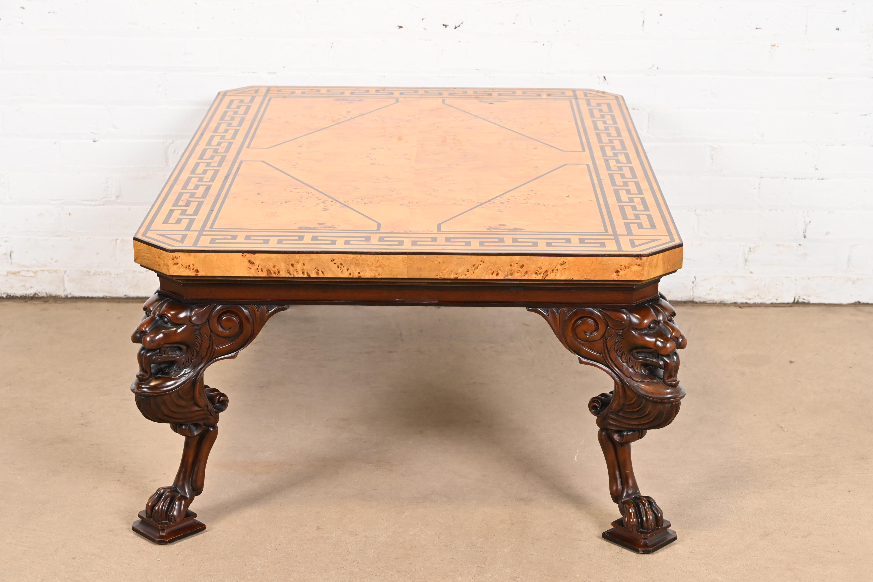 Baker Furniture Neoclassical Cocktail Table With Burl Wood Greek Key Top and Carved Mahogany Lion Legs - Image 8