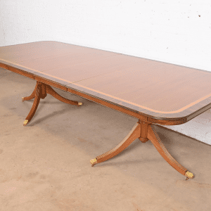 Baker Furniture Style English Georgian Banded Cherry Wood Double Pedestal Extension Dining Table, Newly Refinished
