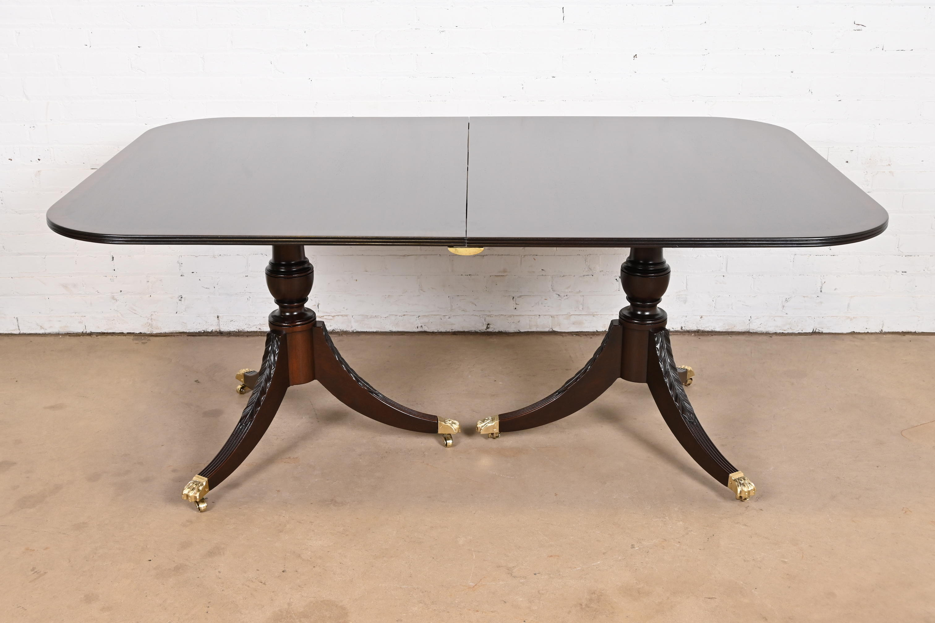 Baker Furniture Style Georgian Banded Mahogany Double Pedestal Extension Dining Table, Newly Refinished - Image 7