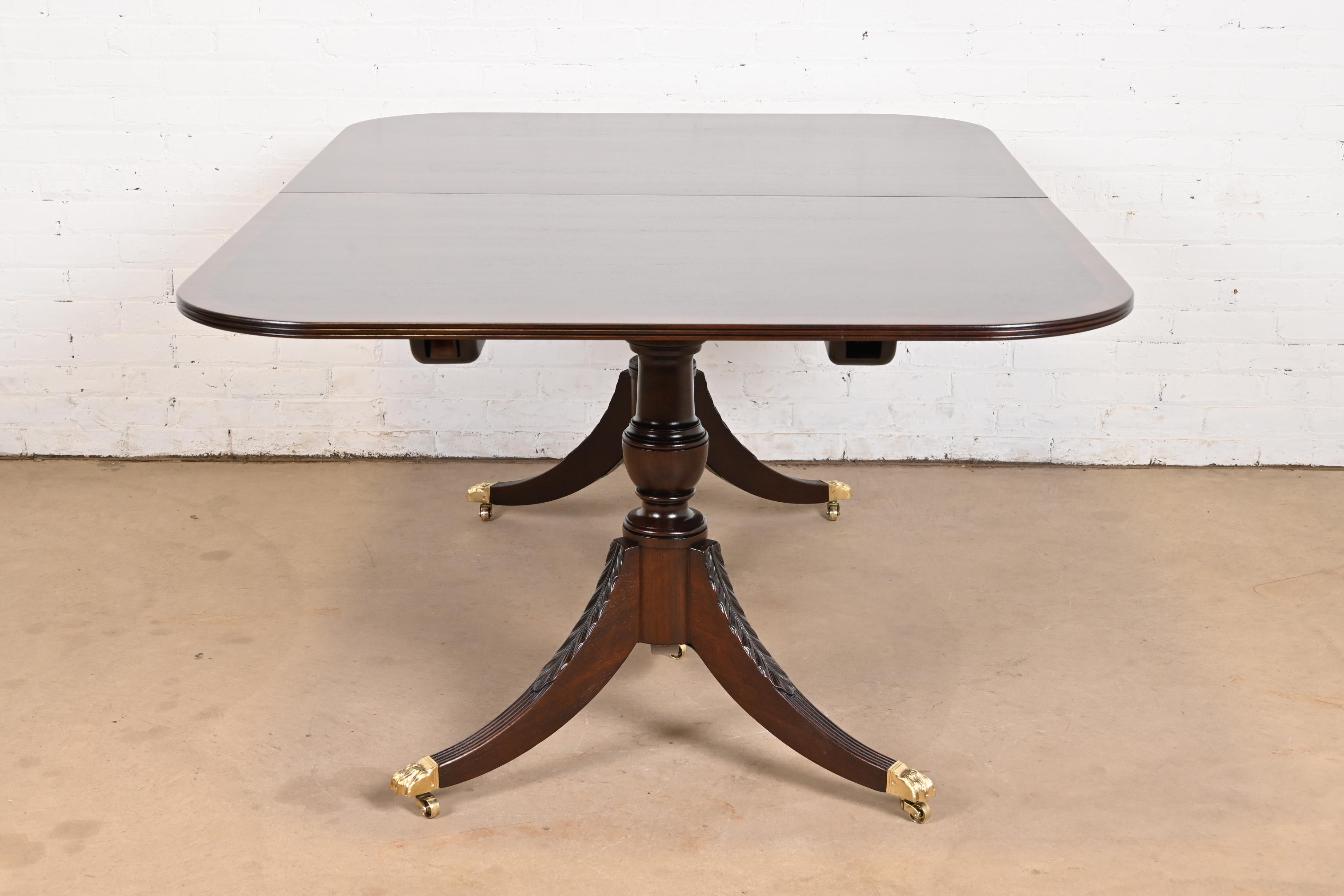 Baker Furniture Style Georgian Banded Mahogany Double Pedestal Extension Dining Table, Newly Refinished - Image 10