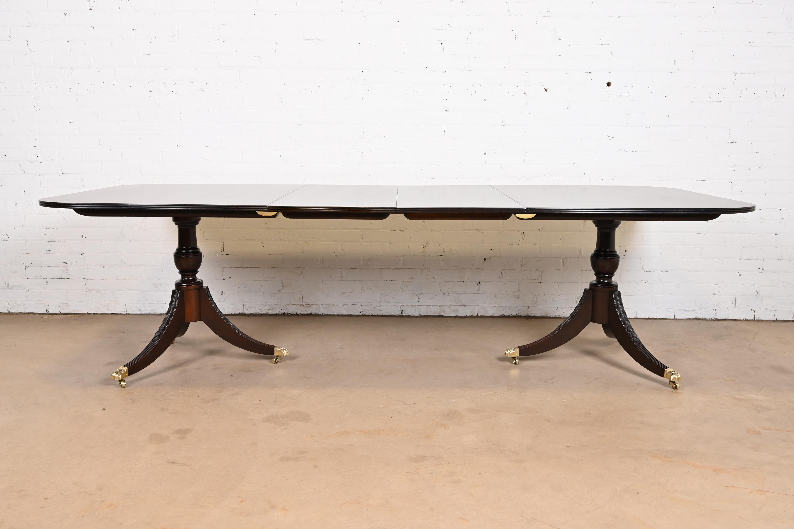 Baker Furniture Style Georgian Banded Mahogany Double Pedestal Extension Dining Table, Newly Refinished - Image 3