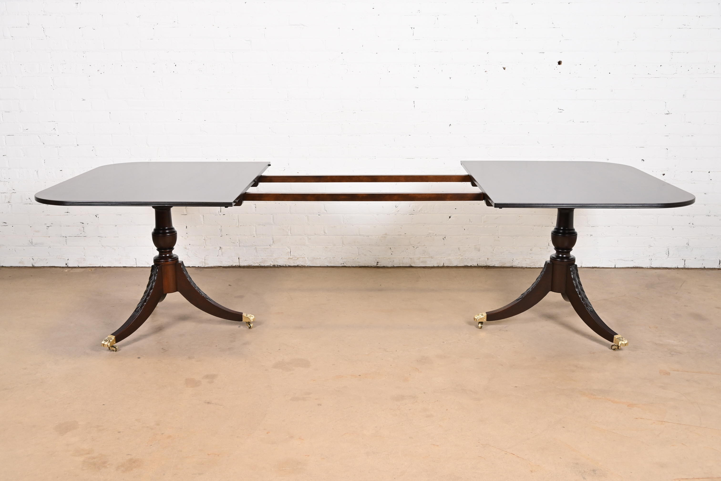 Baker Furniture Style Georgian Banded Mahogany Double Pedestal Extension Dining Table, Newly Refinished - Image 6