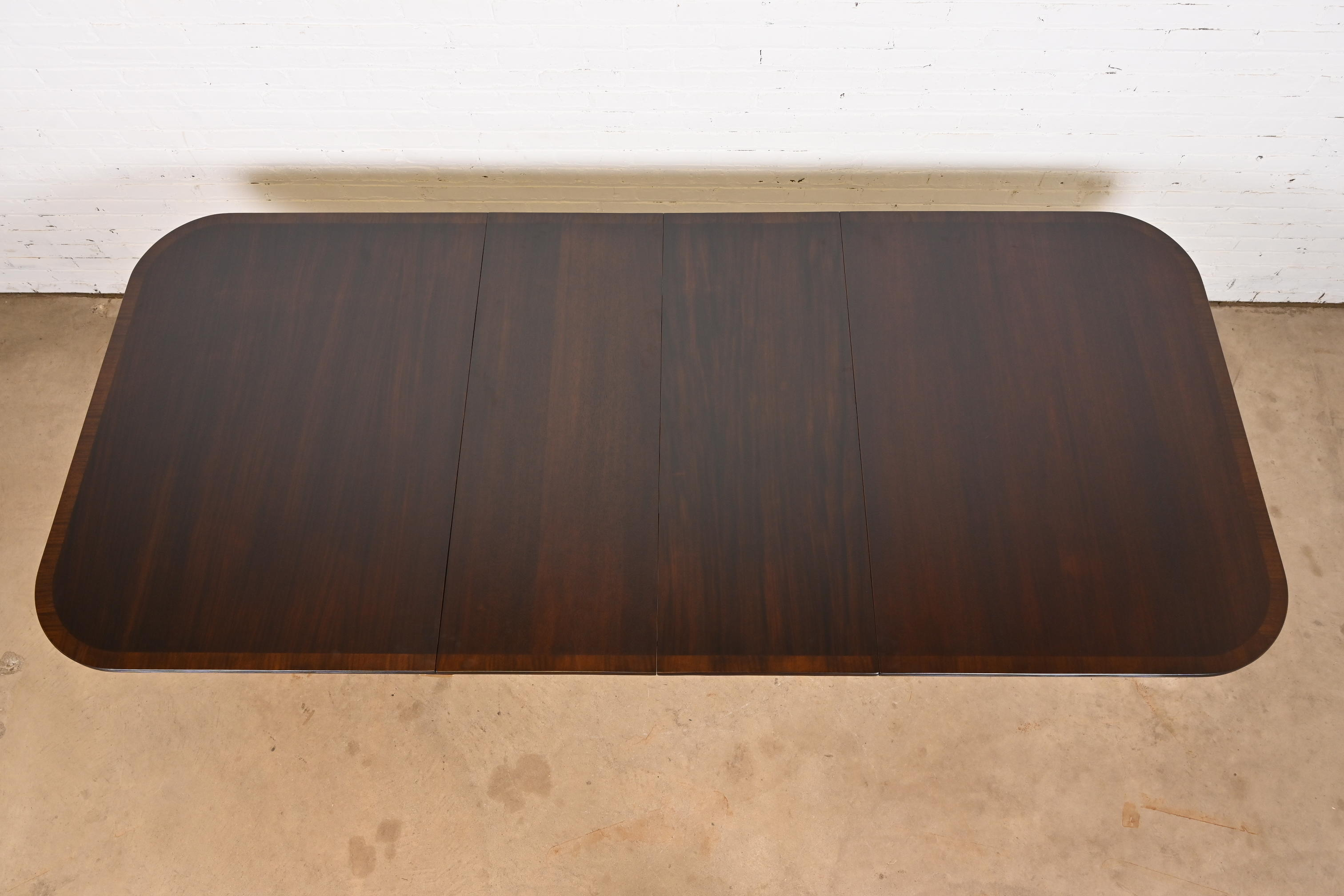 Baker Furniture Style Georgian Banded Mahogany Double Pedestal Extension Dining Table, Newly Refinished - Image 5