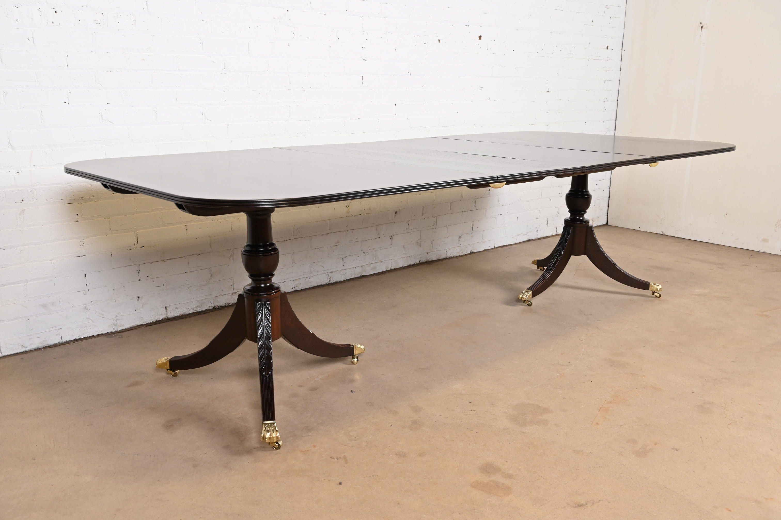 Baker Furniture Style Georgian Banded Mahogany Double Pedestal Extension Dining Table, Newly Refinished - Image 4