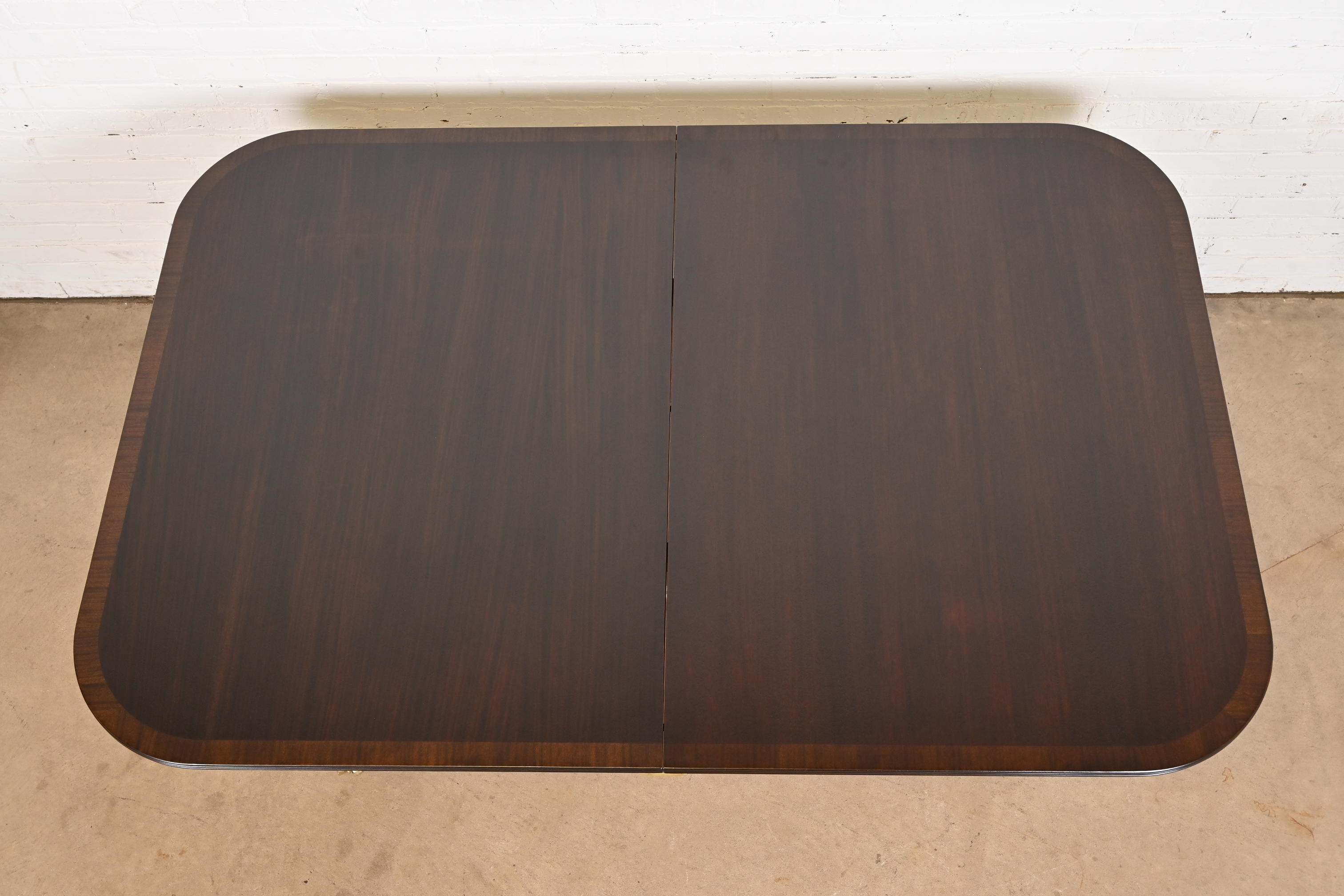Baker Furniture Style Georgian Banded Mahogany Double Pedestal Extension Dining Table, Newly Refinished - Image 11