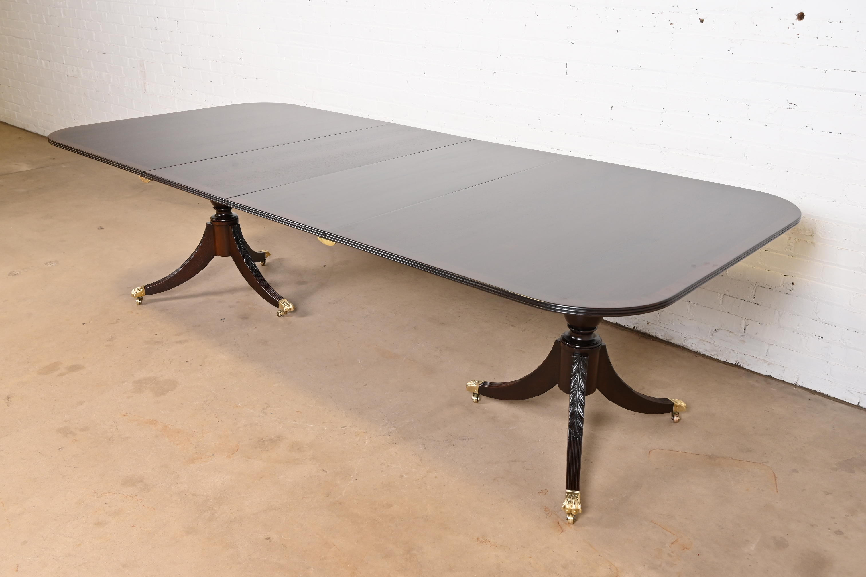 Baker Furniture Style Georgian Banded Mahogany Double Pedestal Extension Dining Table, Newly Refinished