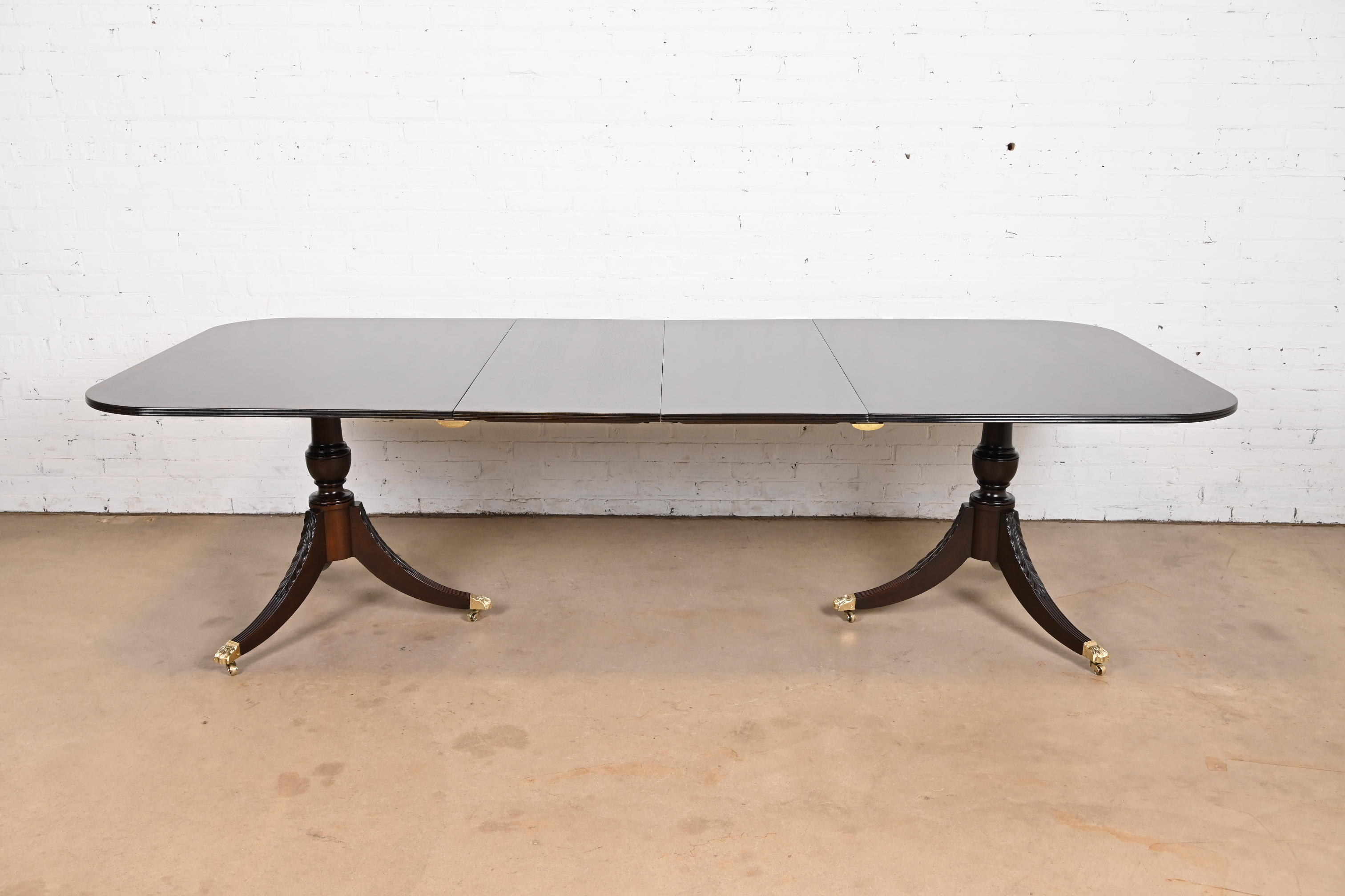 Baker Furniture Style Georgian Banded Mahogany Double Pedestal Extension Dining Table, Newly Refinished - Image 2