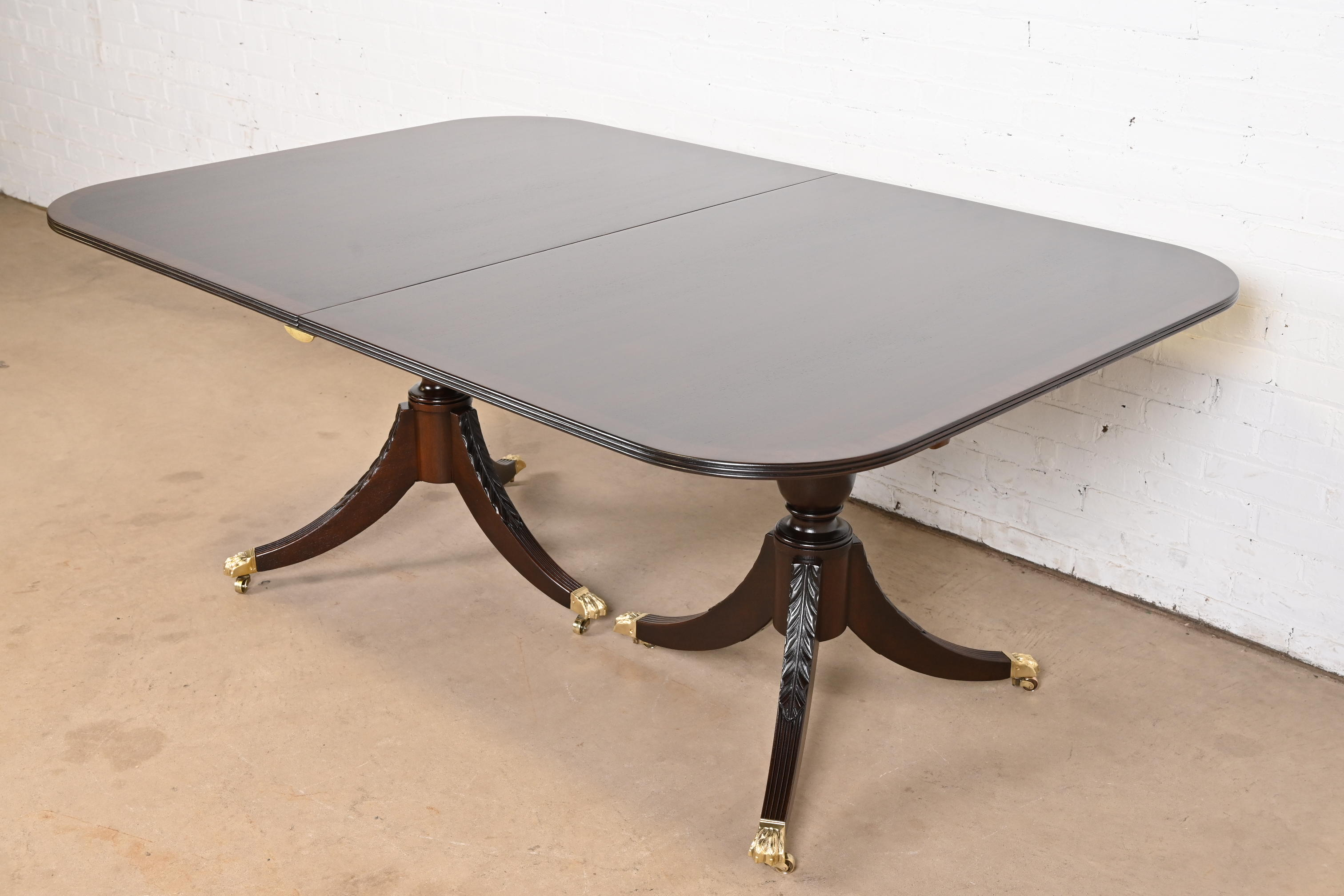Baker Furniture Style Georgian Banded Mahogany Double Pedestal Extension Dining Table, Newly Refinished - Image 8