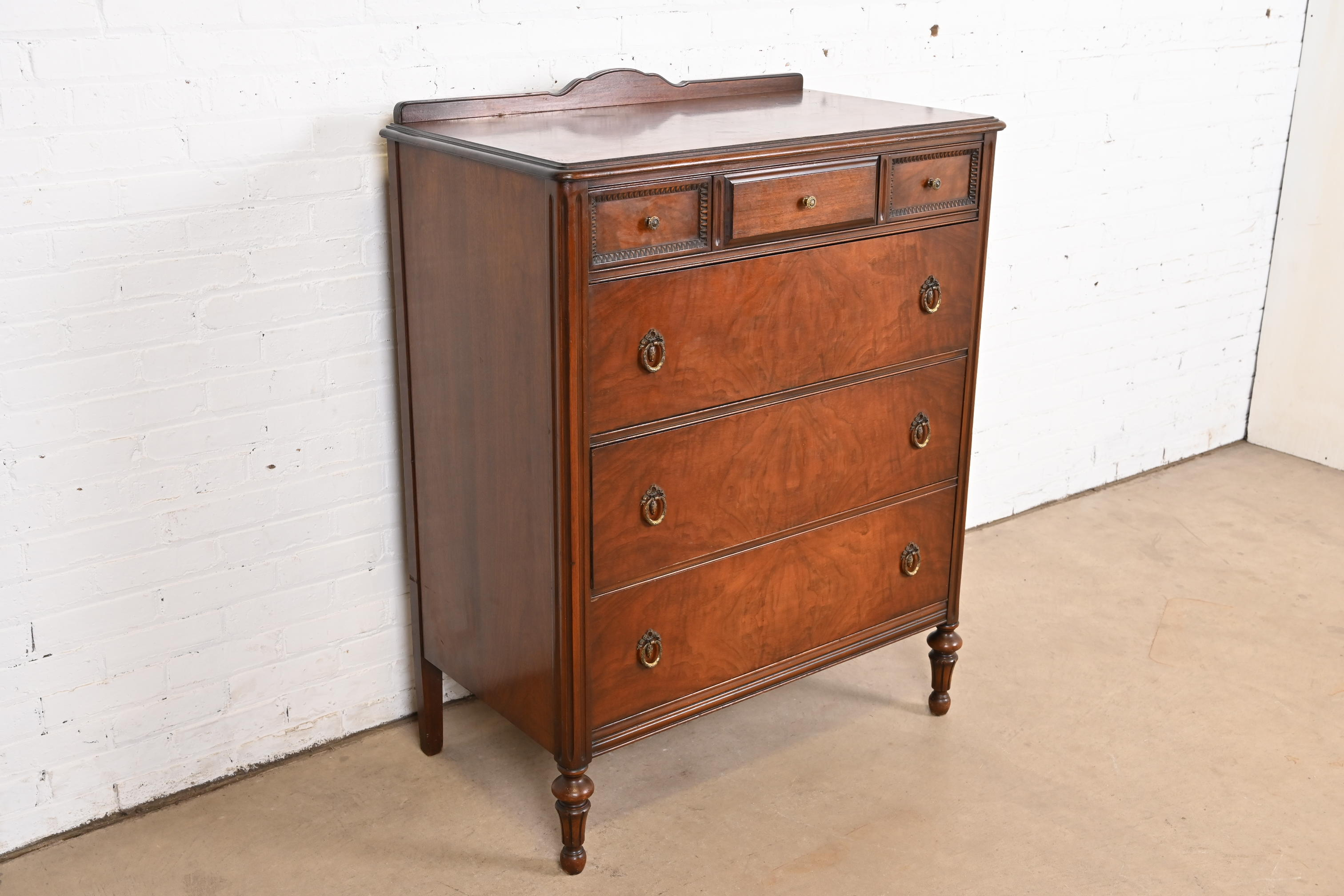 Landstrom French Regency Louis XVI Carved Burled Walnut Highboy Dresser, Circa 1940s - Image 4