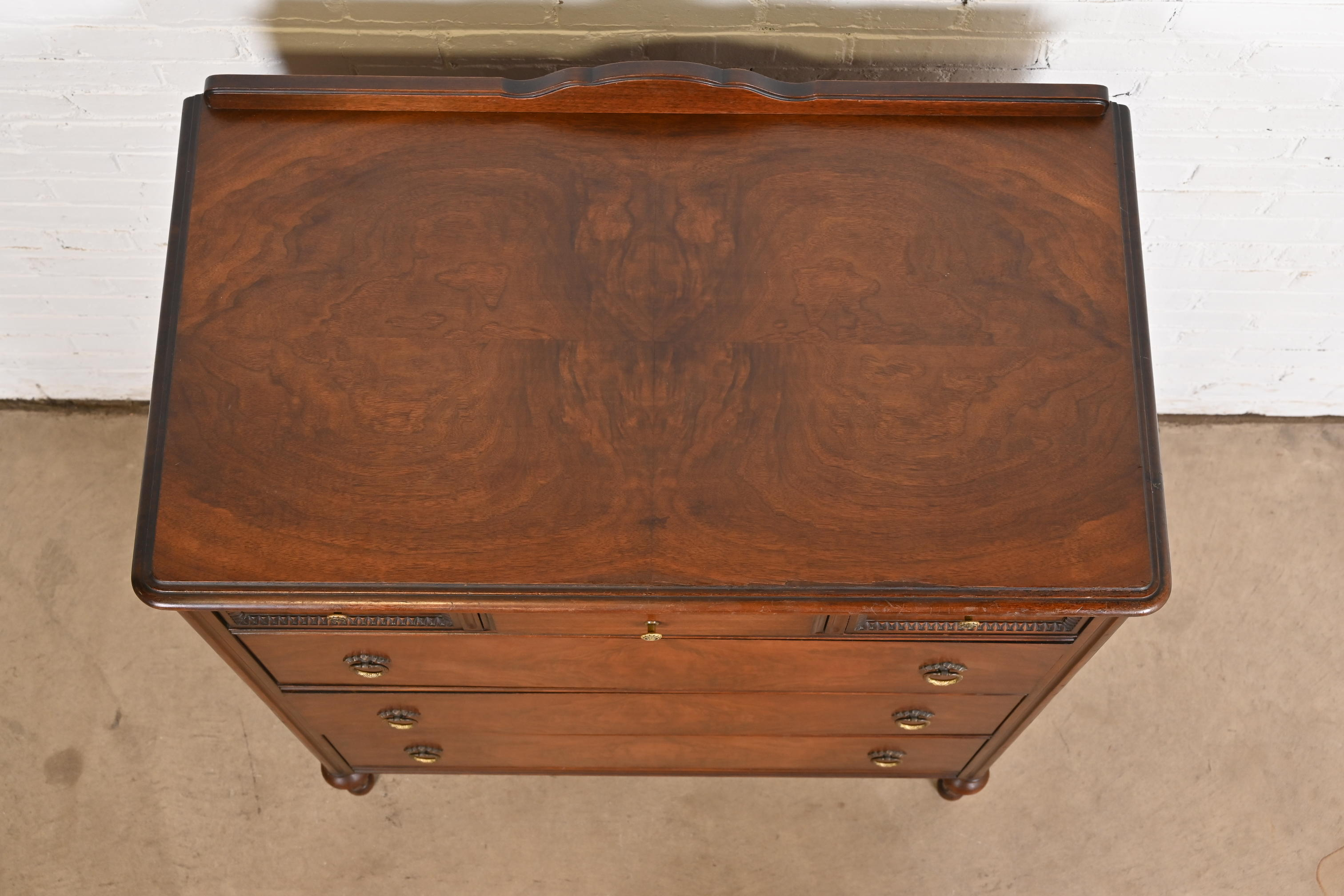 Landstrom French Regency Louis XVI Carved Burled Walnut Highboy Dresser, Circa 1940s - Image 8