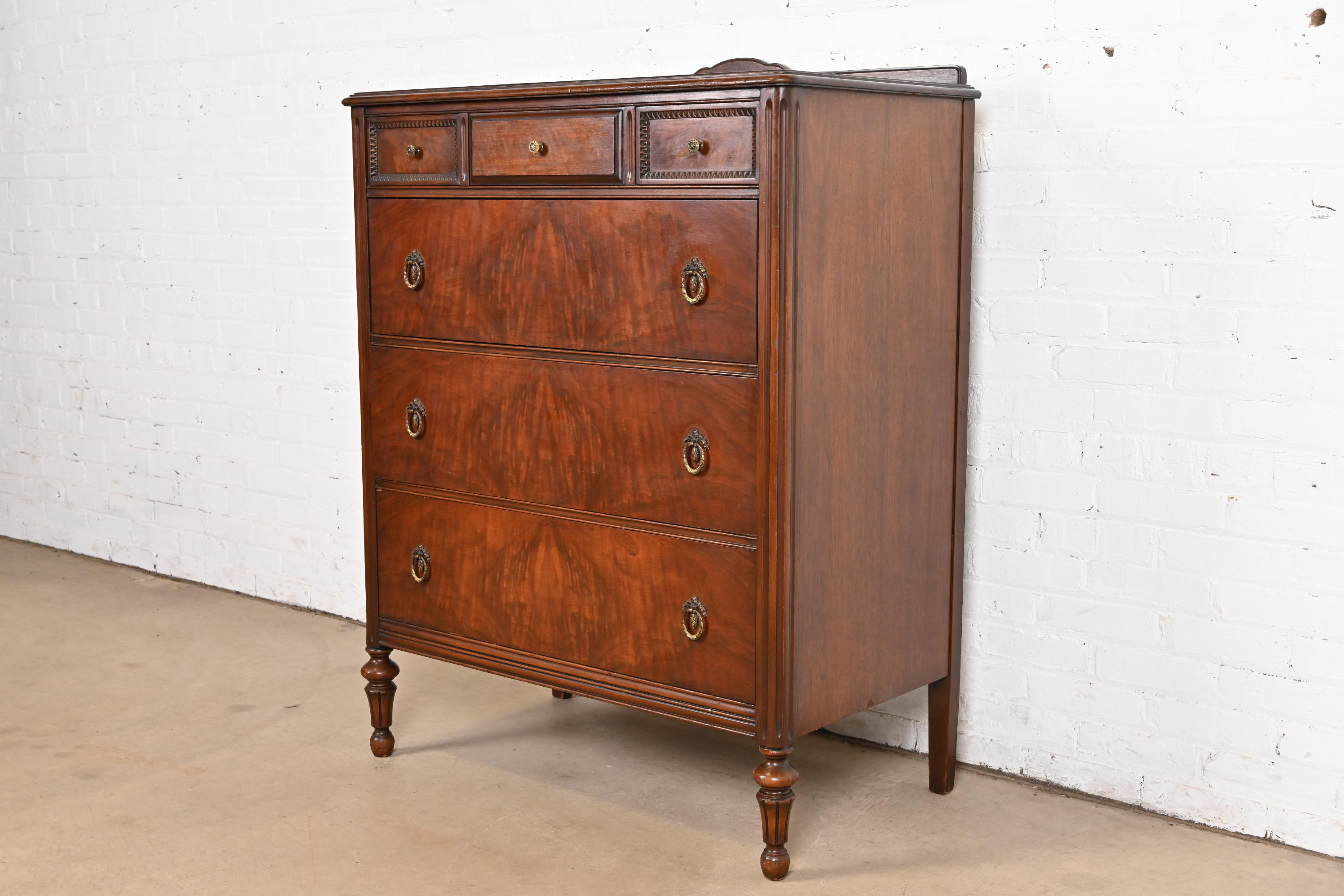 Landstrom French Regency Louis XVI Carved Burled Walnut Highboy Dresser, Circa 1940s - Image 3