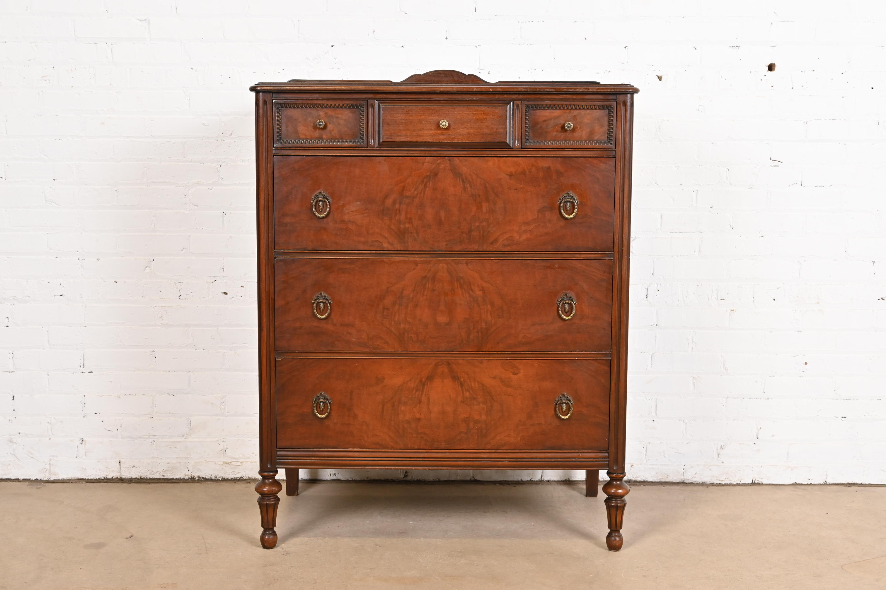 Landstrom French Regency Louis XVI Carved Burled Walnut Highboy Dresser, Circa 1940s
