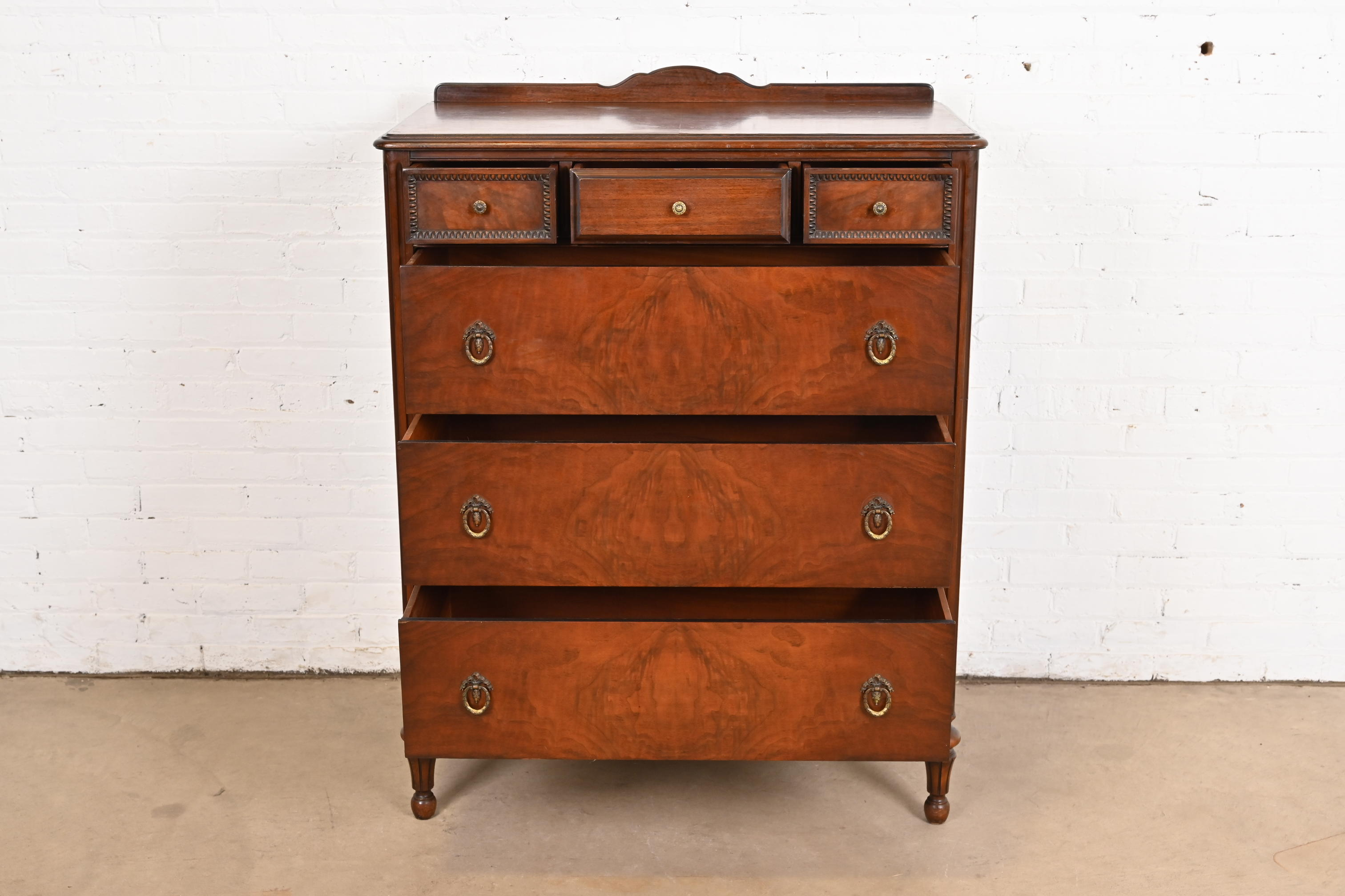 Landstrom French Regency Louis XVI Carved Burled Walnut Highboy Dresser, Circa 1940s - Image 5