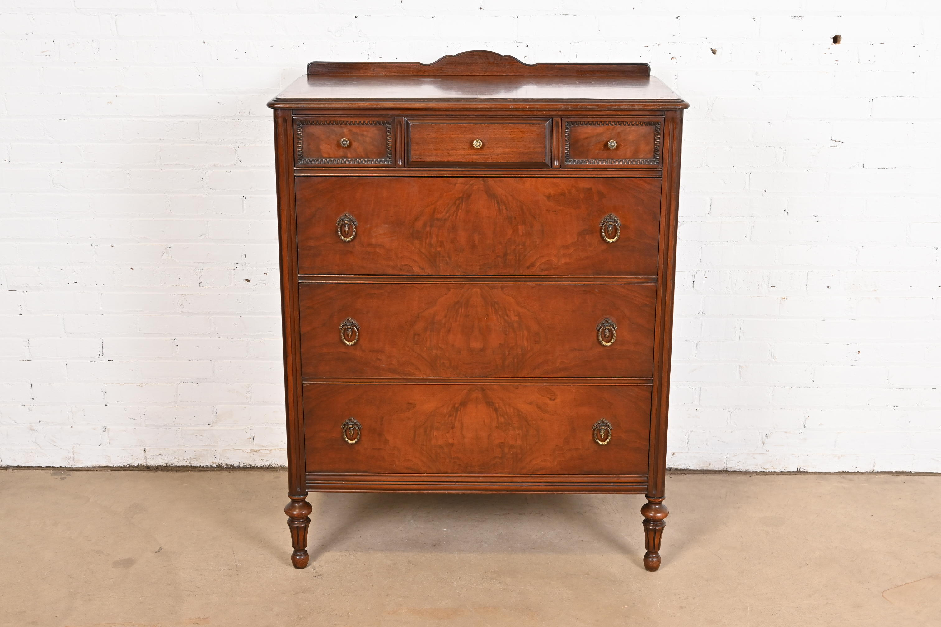 Landstrom French Regency Louis XVI Carved Burled Walnut Highboy Dresser, Circa 1940s - Image 2