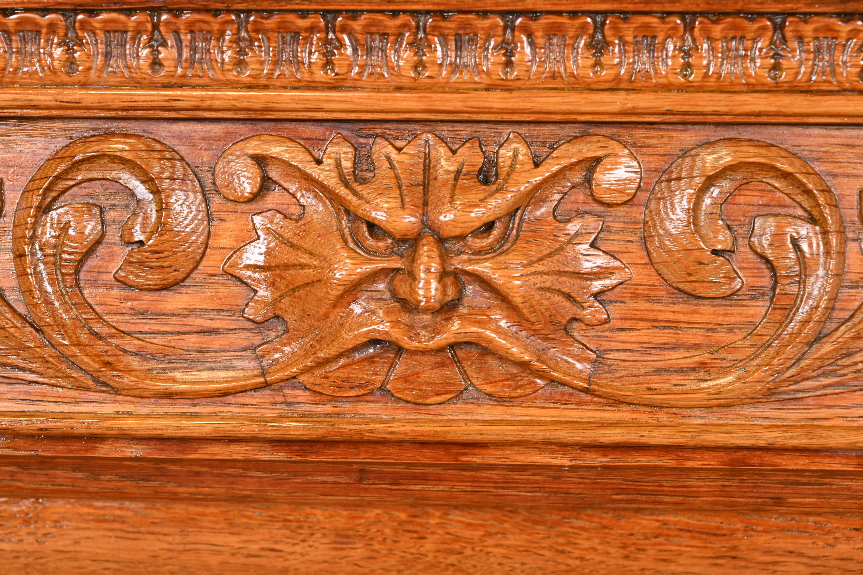 R. J. Horner Style Antique Victorian Carved Oak Lighted Triple Bookcase or Display Cabinet, Circa 1890s - Image 6