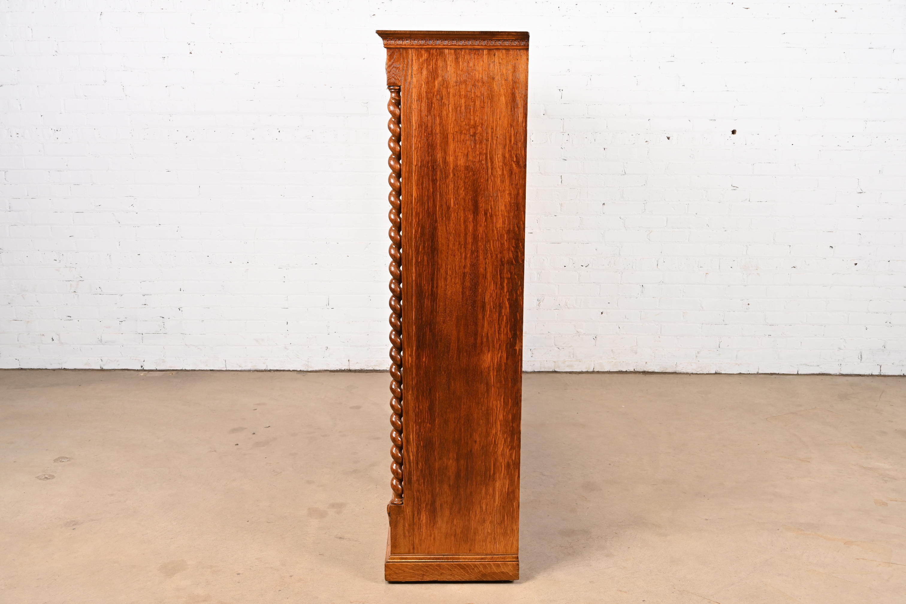 R. J. Horner Style Antique Victorian Carved Oak Lighted Triple Bookcase or Display Cabinet, Circa 1890s - Image 8