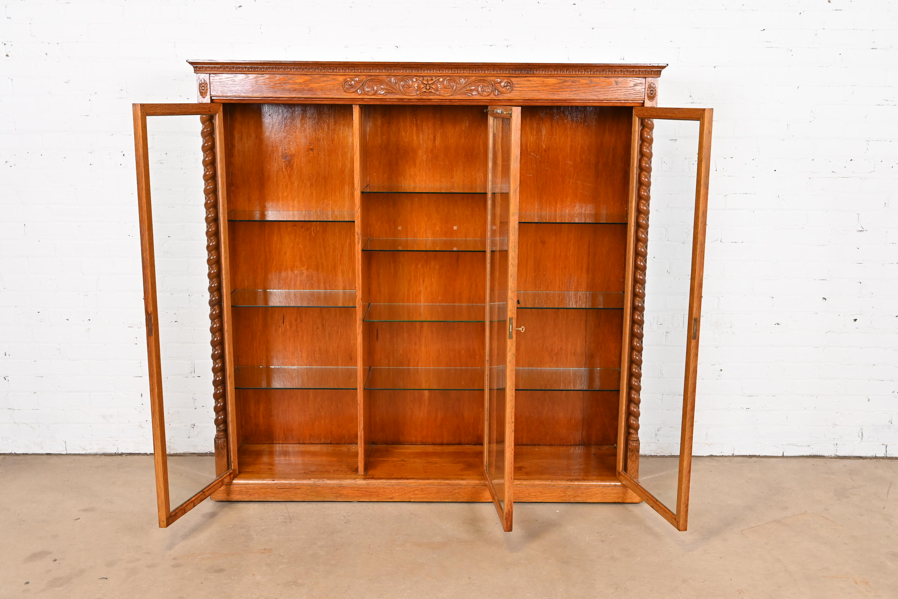 R. J. Horner Style Antique Victorian Carved Oak Lighted Triple Bookcase or Display Cabinet, Circa 1890s - Image 5