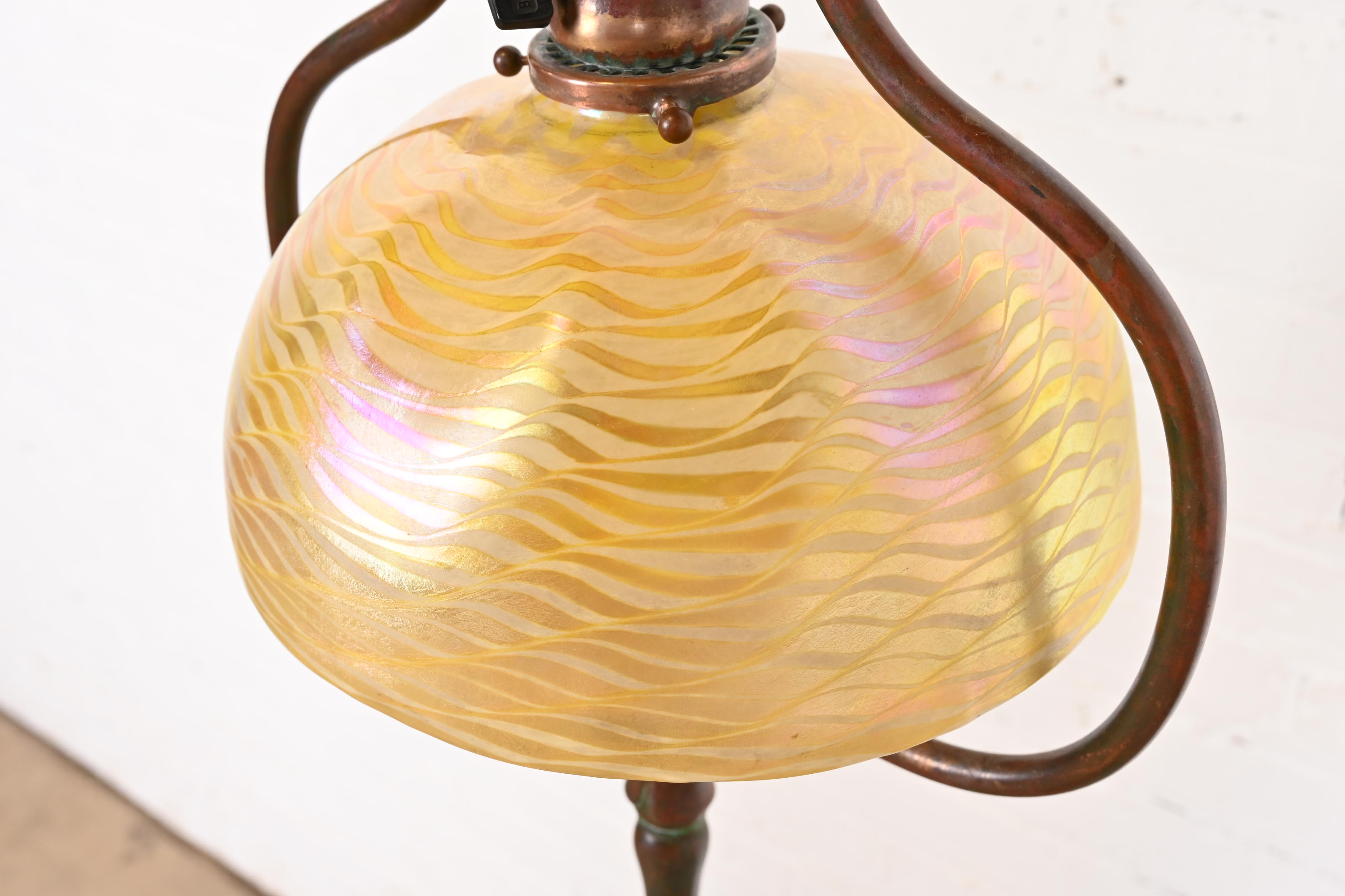 Tiffany Studios New York Bronze Harp Floor Lamp With Damascene Favrile Glass Shade - Image 6