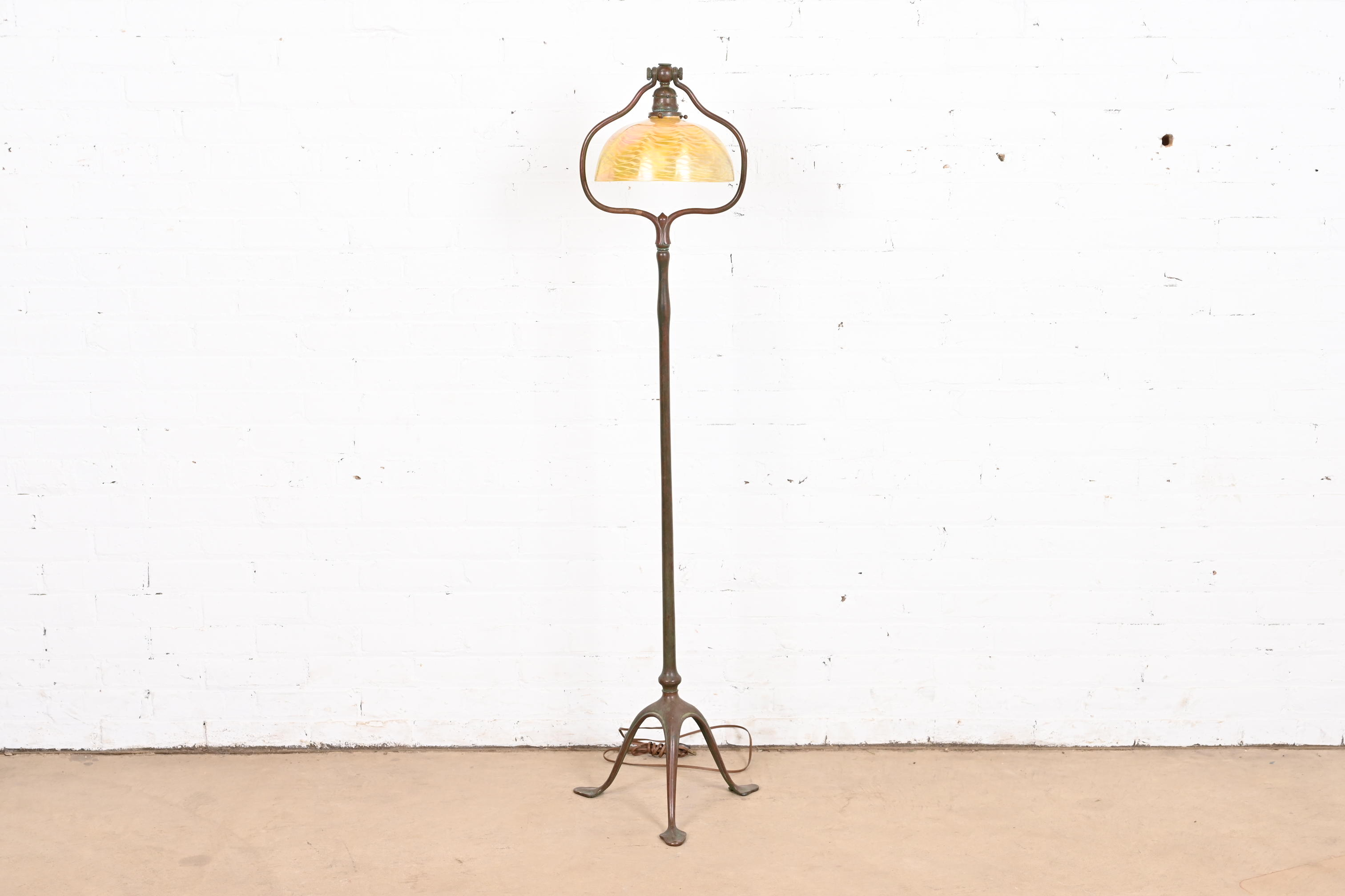Tiffany Studios New York Bronze Harp Floor Lamp With Damascene Favrile Glass Shade