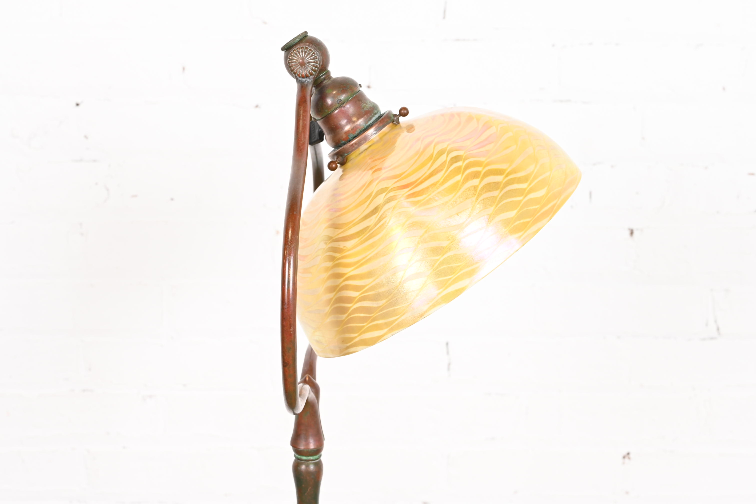 Tiffany Studios New York Bronze Harp Floor Lamp With Damascene Favrile Glass Shade - Image 3