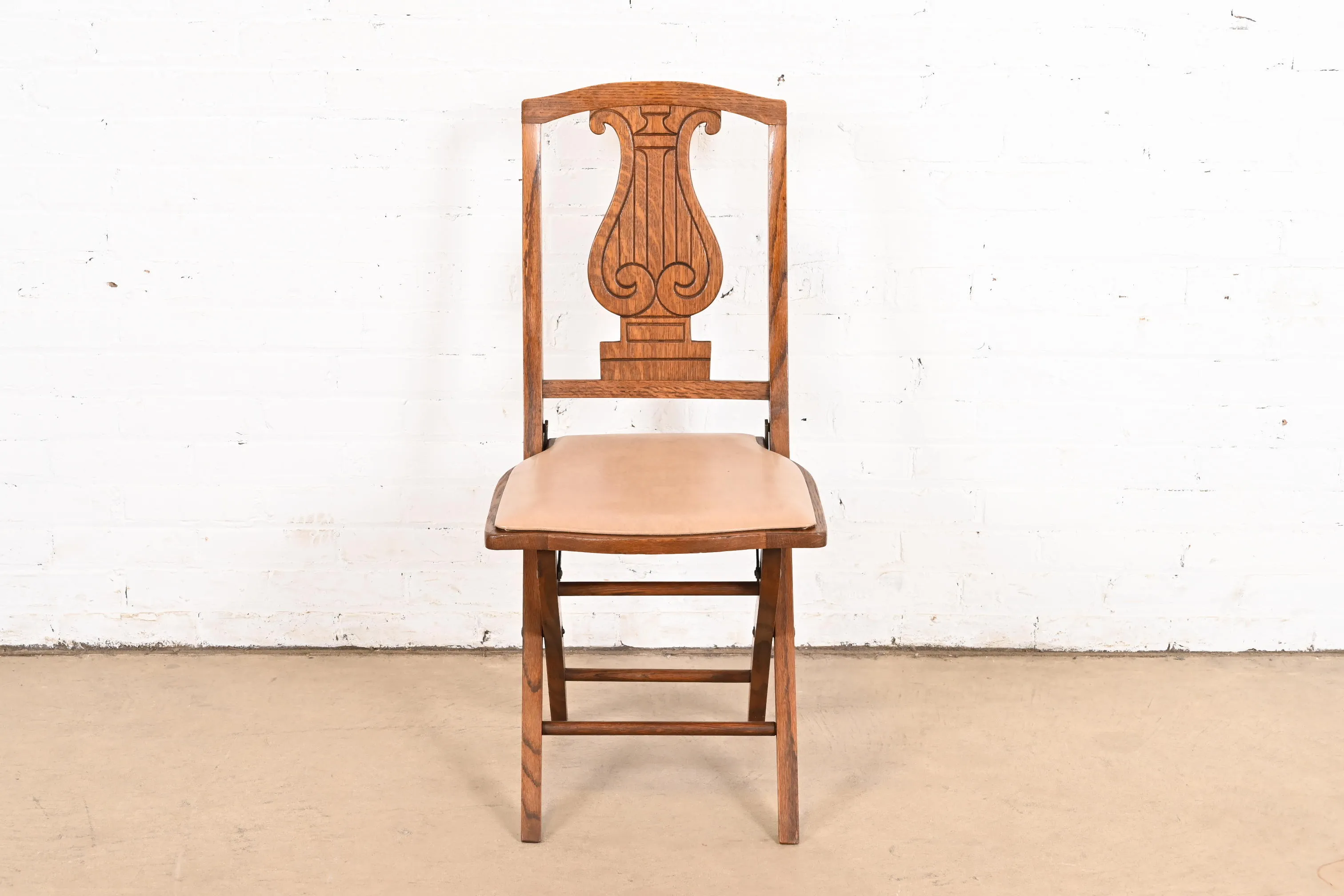 Antique Arts & Crafts Carved Oak Lyre Back Folding Chair by Phoenix Chair Co., Circa 1920s - Image 4
