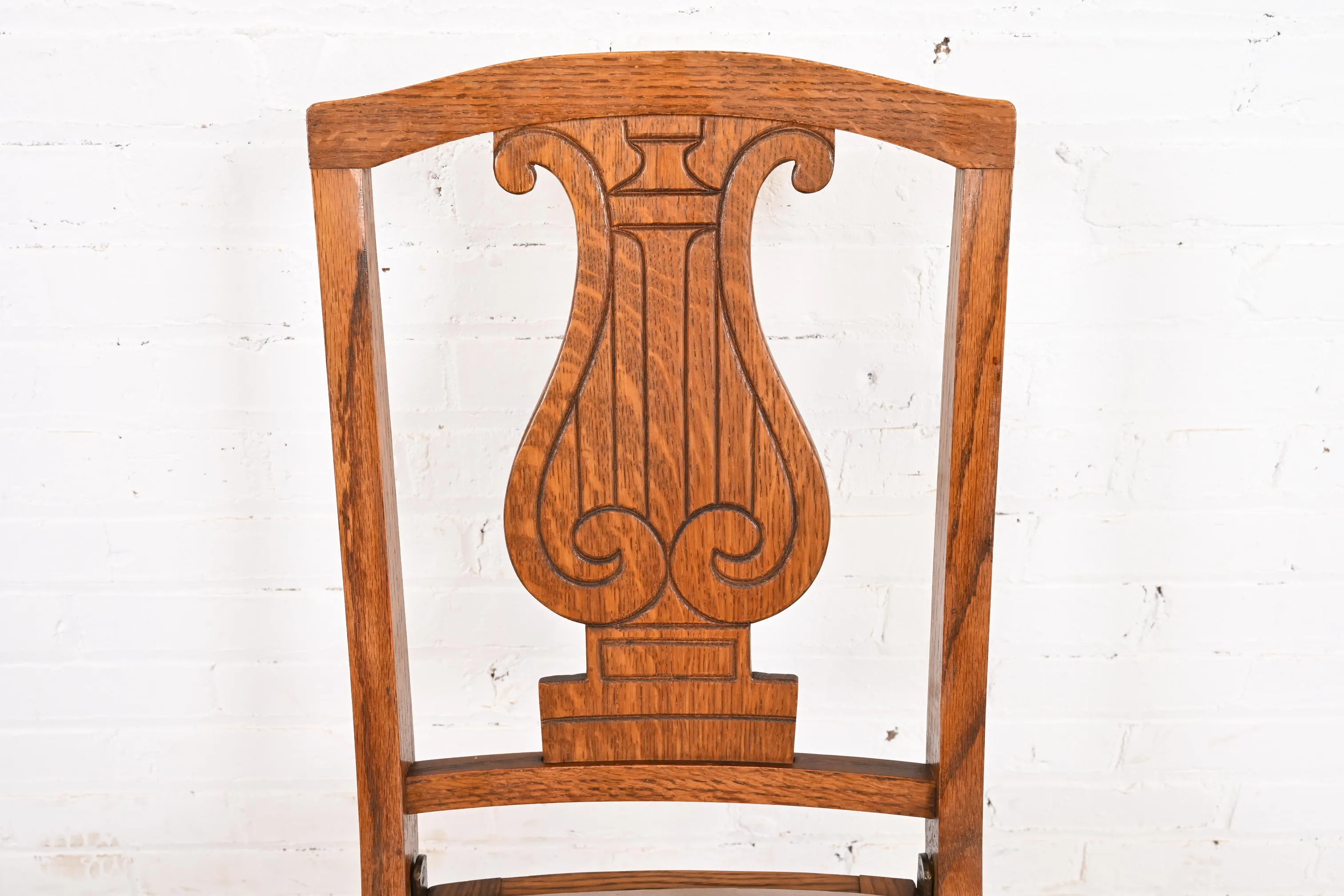 Antique Arts & Crafts Carved Oak Lyre Back Folding Chair by Phoenix Chair Co., Circa 1920s - Image 5