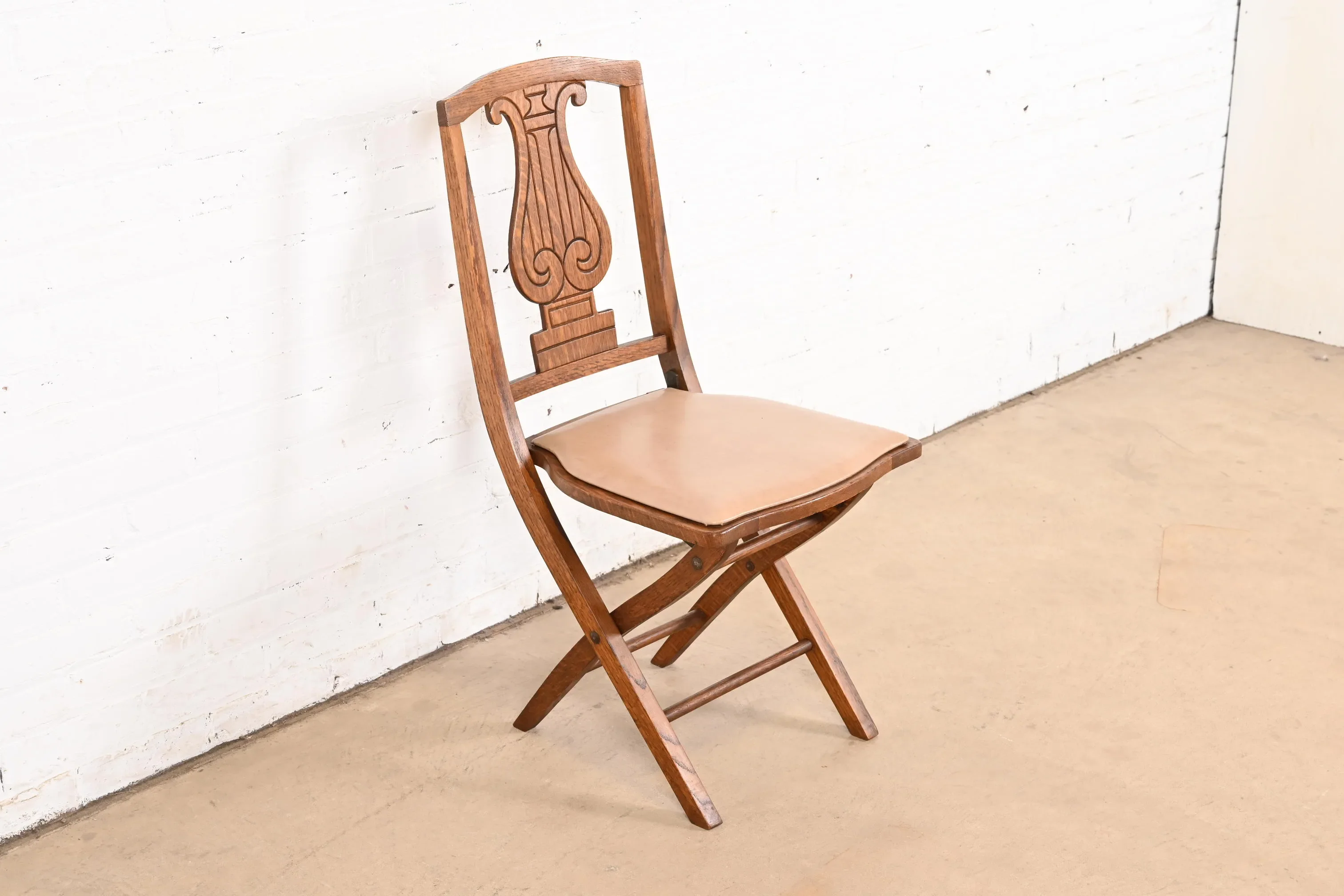Antique Arts & Crafts Carved Oak Lyre Back Folding Chair by Phoenix Chair Co., Circa 1920s - Image 2