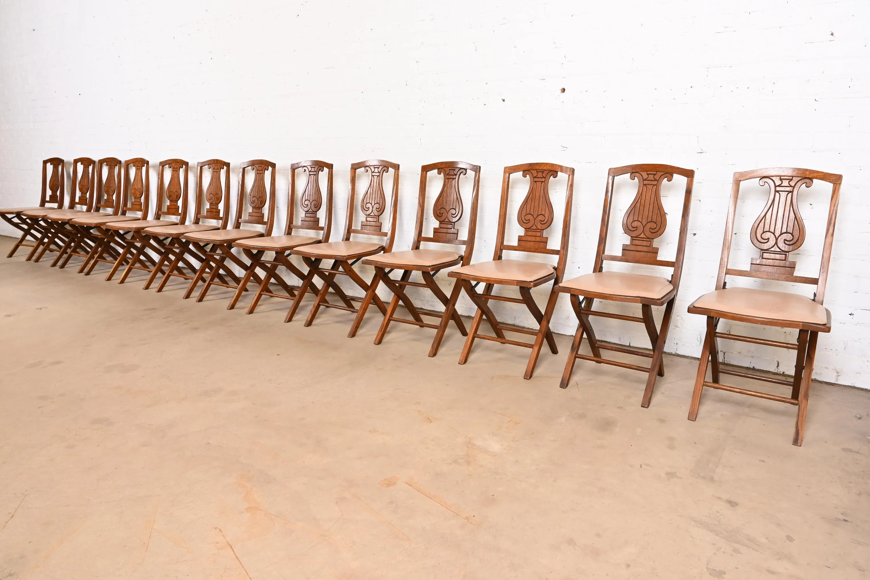 Antique Arts & Crafts Carved Oak Lyre Back Folding Chair by Phoenix Chair Co., Circa 1920s - Image 11